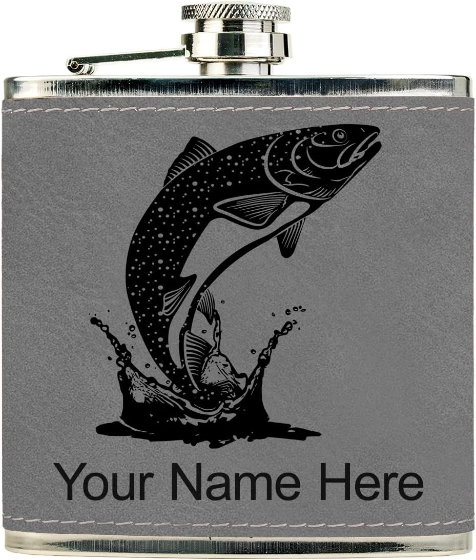 LaserGram Faux Leather Flask, Trout Fish, Personalized Engraving Included (Dark Brown)