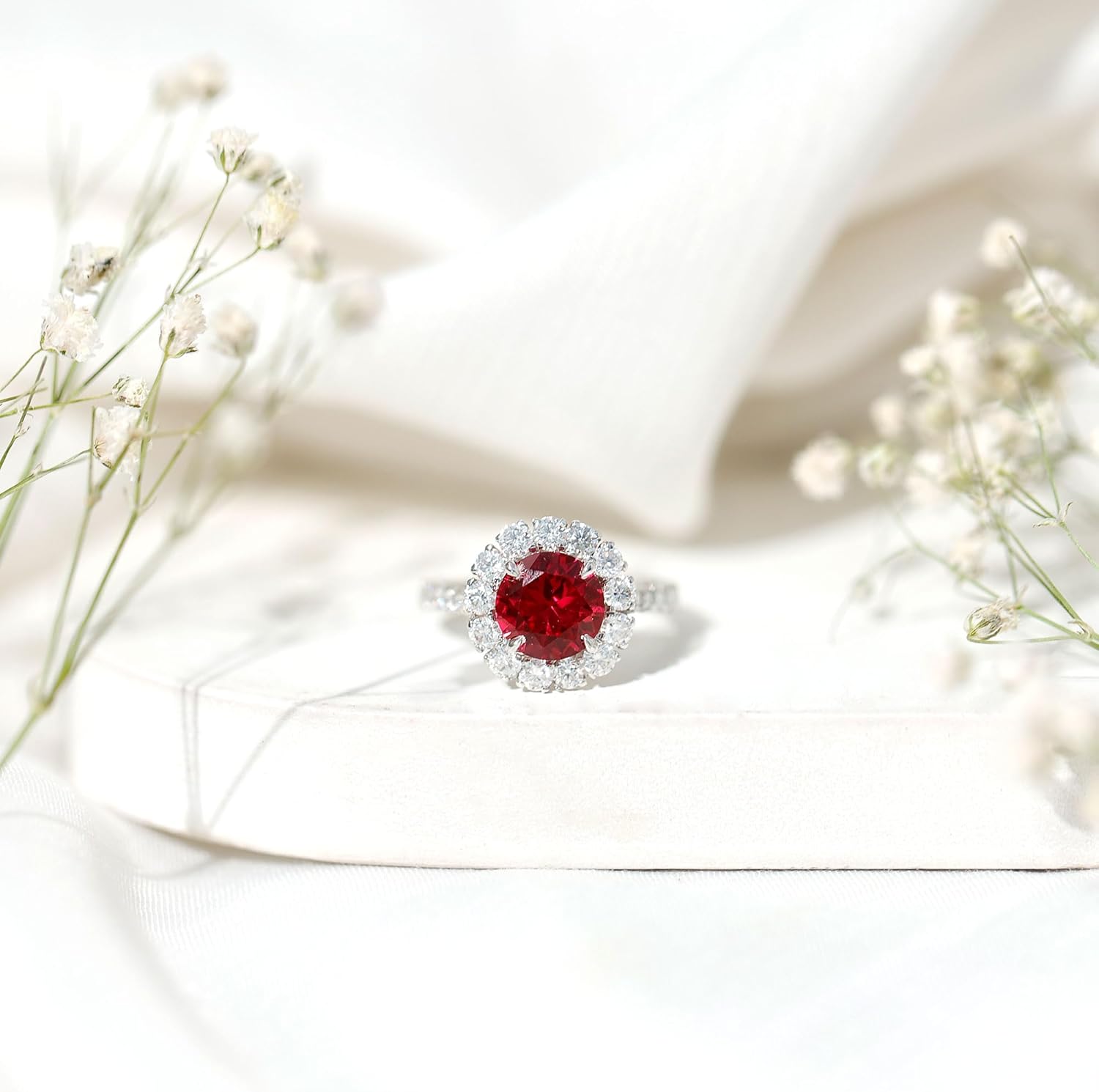 Certified Lab Grown Ruby 8mm Round Engagement Ring, AAAA Quality, Ruby Moissanite Halo Ring (Gift For Women)