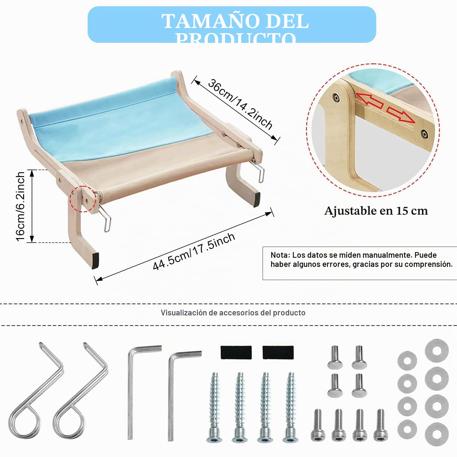 Hamaca Ajustable para Gatos en Ventana, Con Rama de Escalada y Cama Colgante, Gris y Azul (44,5 x 36 x 16 cm)