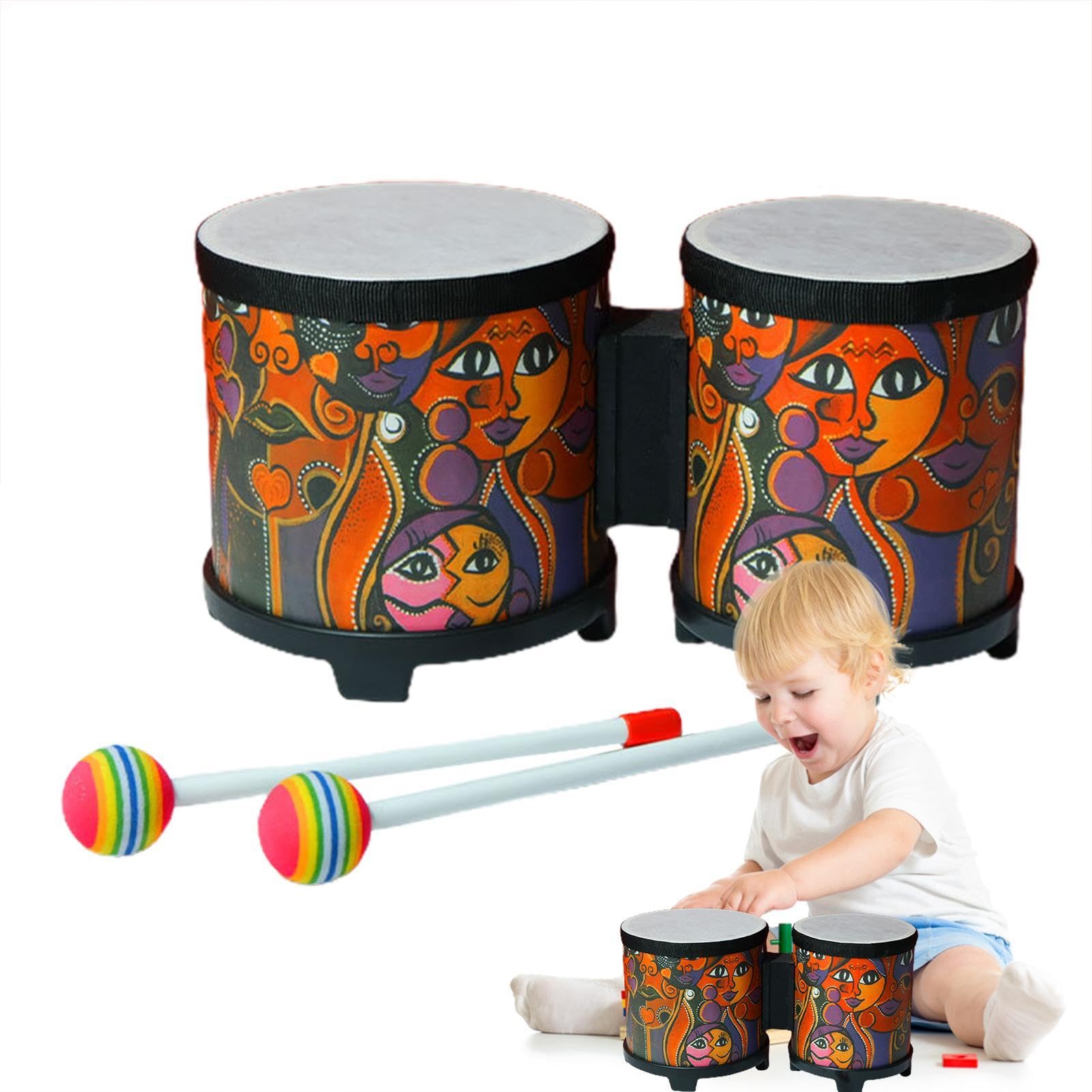 Bongo Drums Adulti, Bongo Tamburo | Strumento a percussione per bambini | tamburo musicale | Set di batteria per bambini, strumenti musicali in legno fatti a mano con 2 bacchette colorate, regalo di