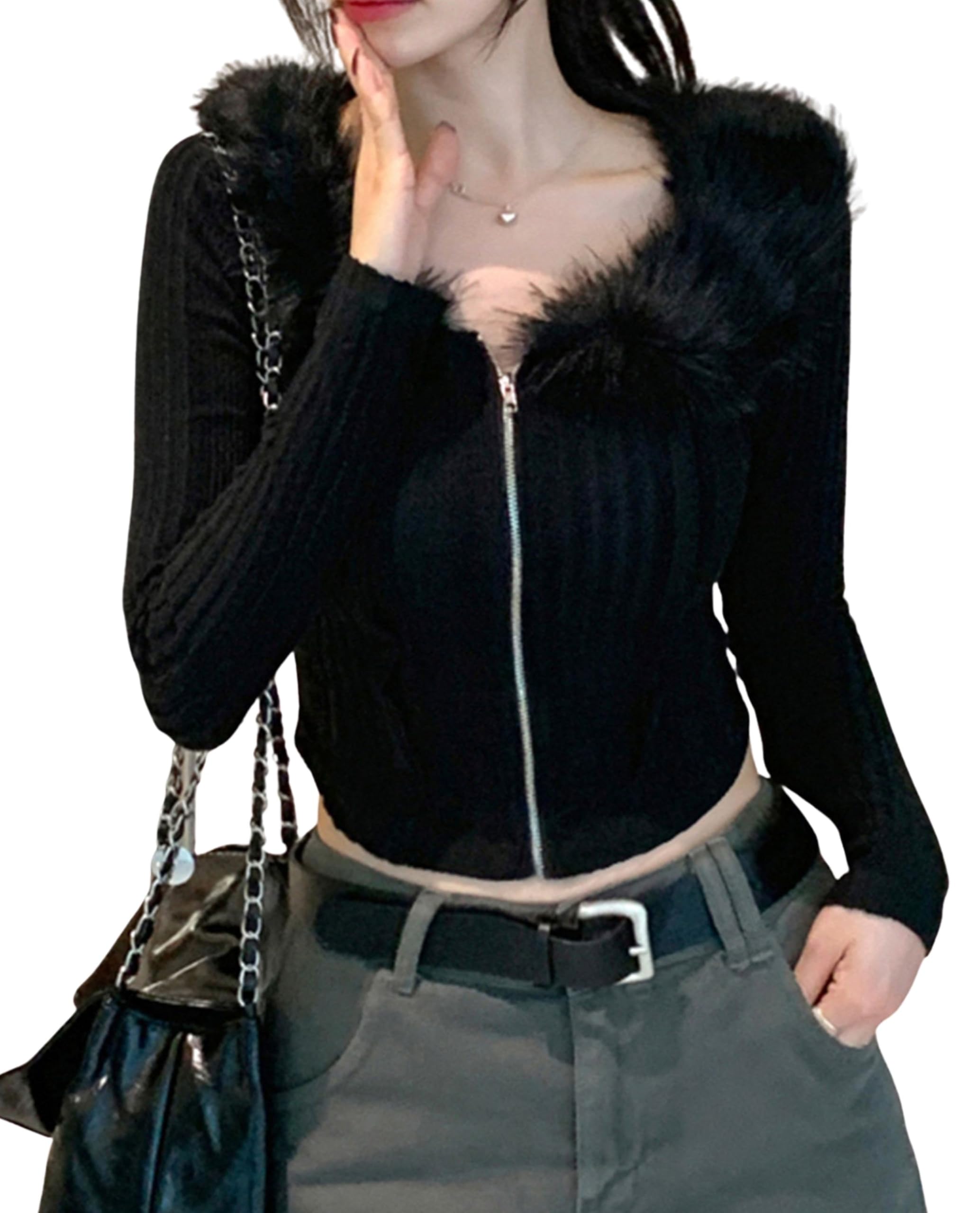 BAIMORE Womens Y2K Fashionable and Gentle Faux Fur Irregular Hem Short Knit Long-Sleeved Cardigan