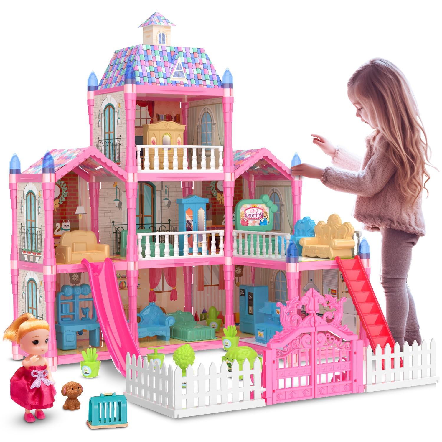 SGTT PRO 191 Pcs Doll House Dreamhouse for Girls, christmas gifts Pretend Play Dream House Toys for 3 - 10 Years Old Kids Toddlers Gifts , Princess Playhouse Set with Dolls Furniture Accessories