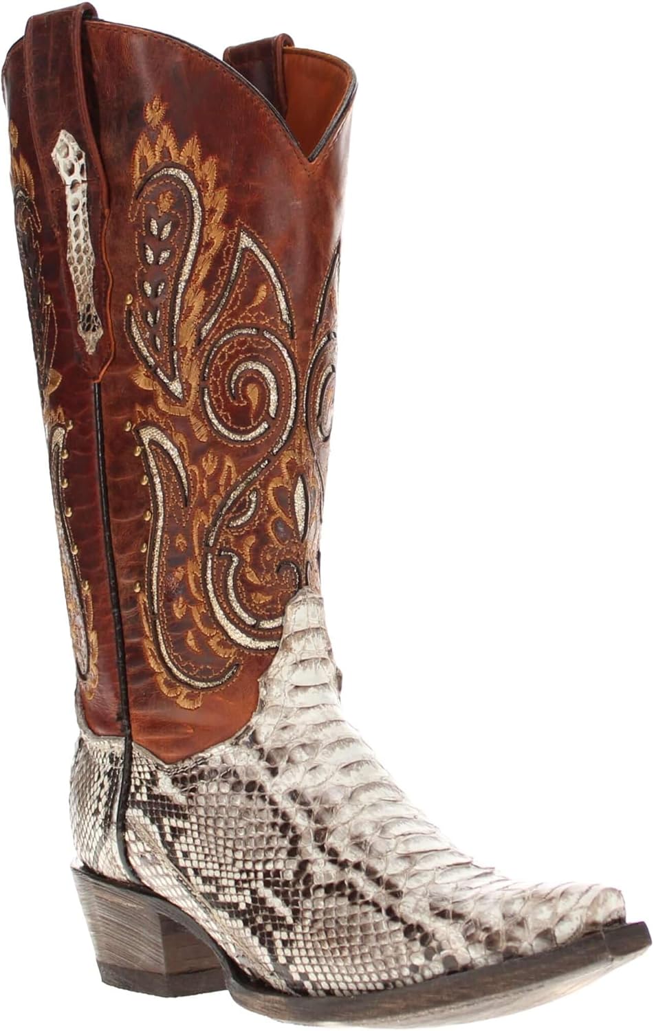 Vaccari Women's Eva Genuine Natural Python Fancy Top Embroidery & Glitter Inlay Snip Toe Cowgirl Boots