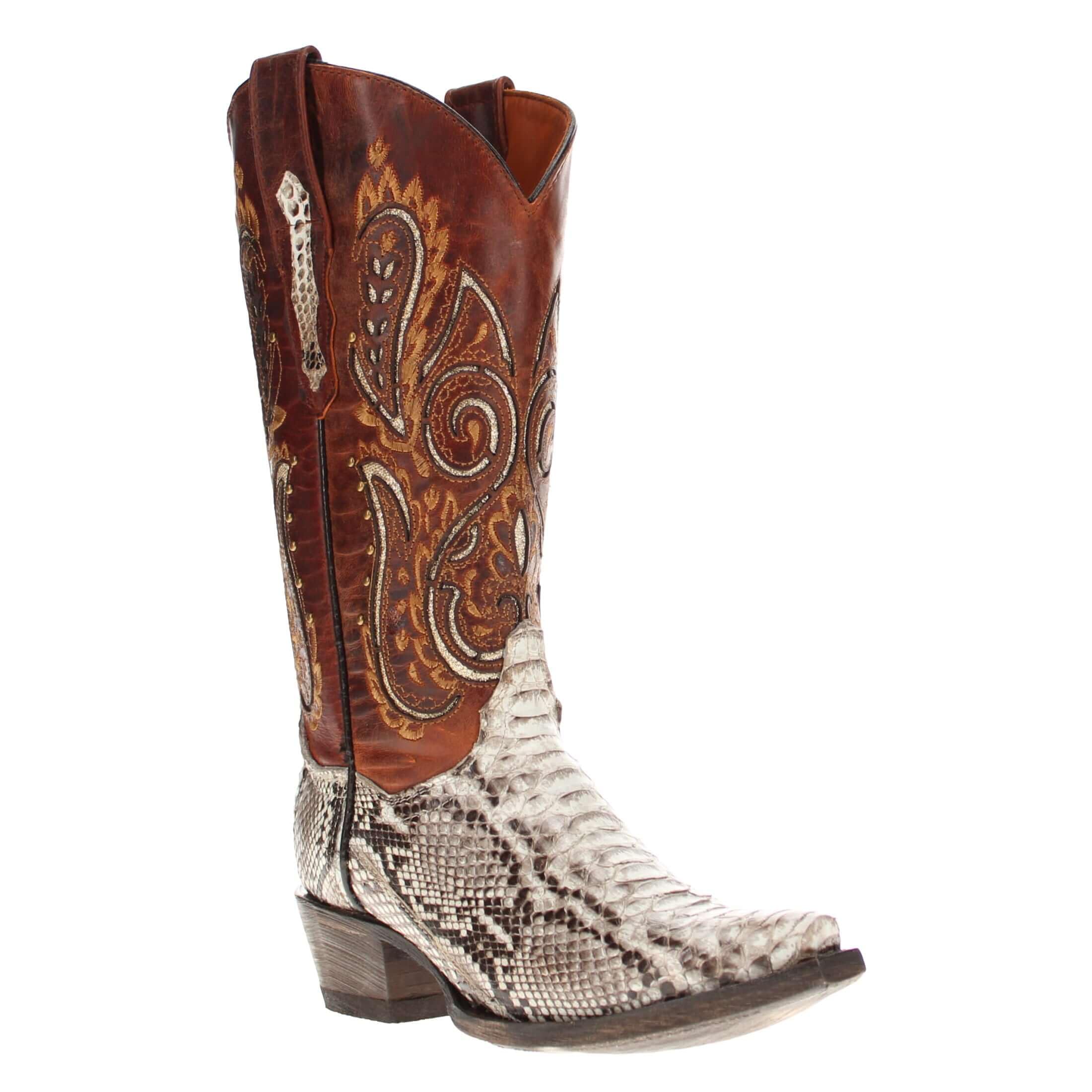 Vaccari Women's Eva Genuine Natural Python Fancy Top Embroidery & Glitter Inlay Snip Toe Cowgirl Boots