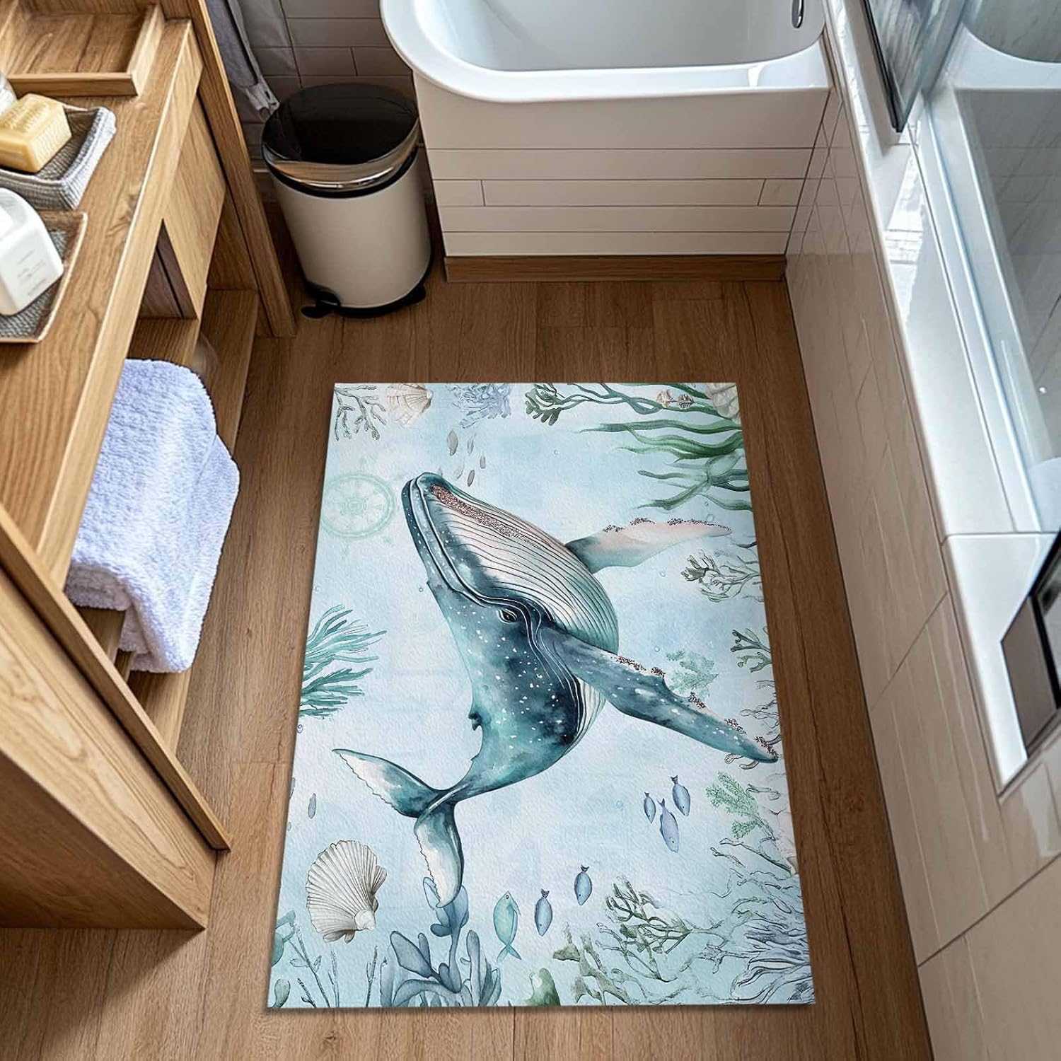 Whale Entrance Floor Mat Personalized Doormat, Ocean Beach Welcome Door Mat, Low Profile Non Slip Entry Rugs for Kitchen Bathroom Home Front Decor, 16x24in