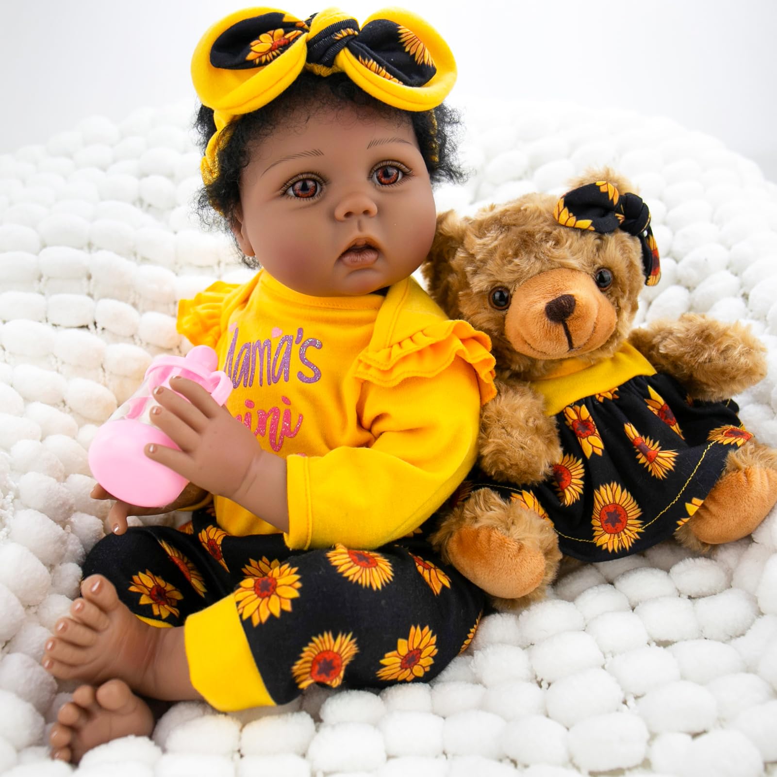 Aori Lifelike Reborn Baby Dolls Black Girl, 22 Inch Realistic Reborn Doll African American Newborn Weighted Baby Dolls That Look Real with Teddy Toy and Sunflower Clothes Gift Set for Ages 3+