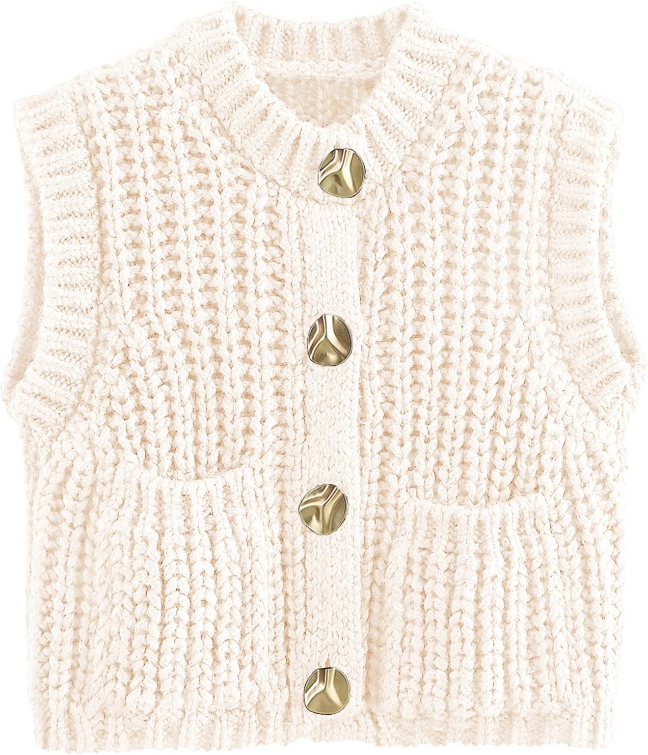 Flygo Womens Sleeveless Crop Chunky Knit Cardigan Trendy Button Down Cropped Knitted Sweater Vest Tops with Pockets