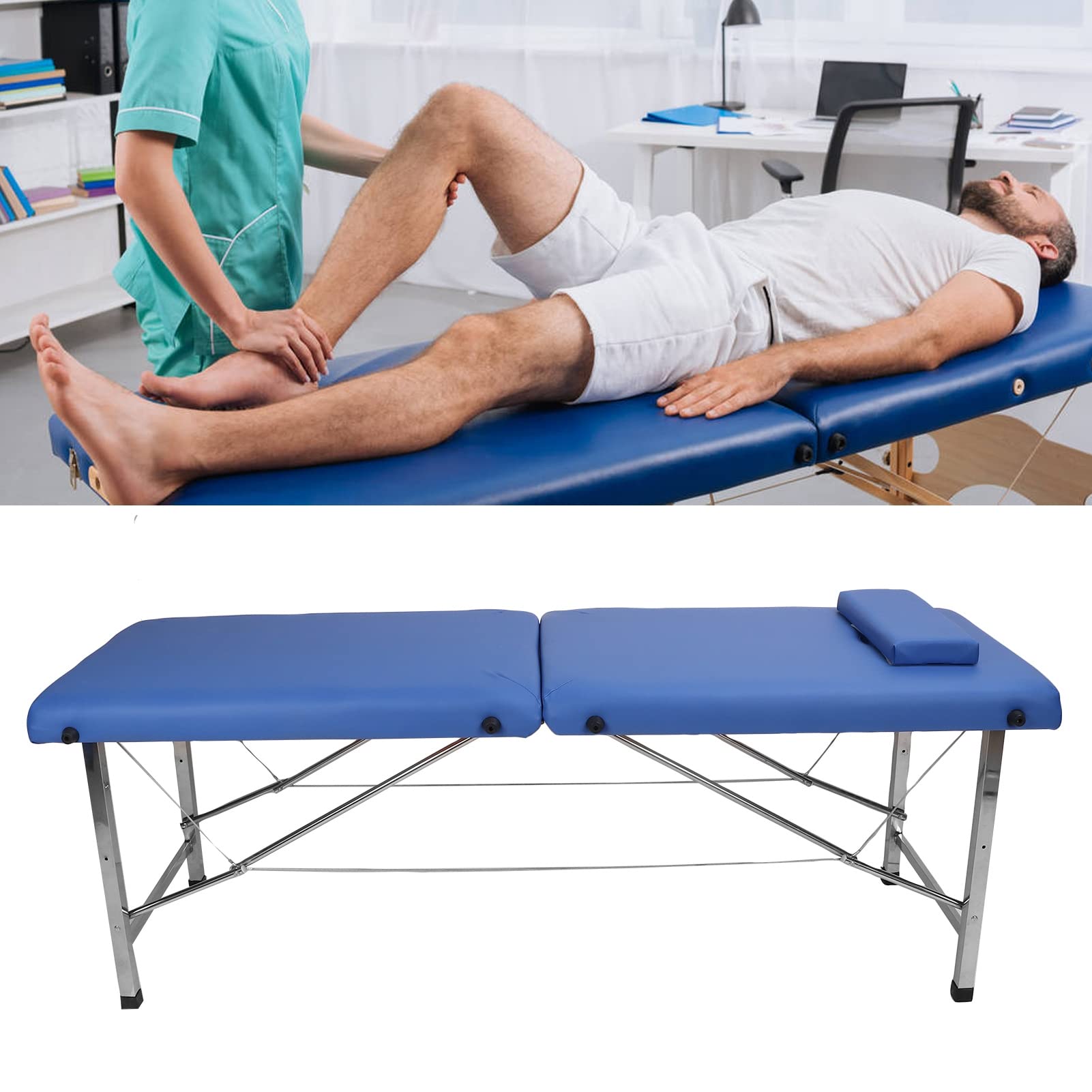 Fyearfly Lettino massaggio pieghevole Panca massaggio pieghevole portatile per il salone 'home office Soggiorno Blu 180x65x60 cm Pelle PU Acciaio inossidabile