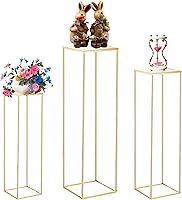 Latywen 3PCS Gold Metal Cylinder Pedestal Stands - Square Plant Flower Display Columns for Parties, Weddings, Events (15.75"-31.5")