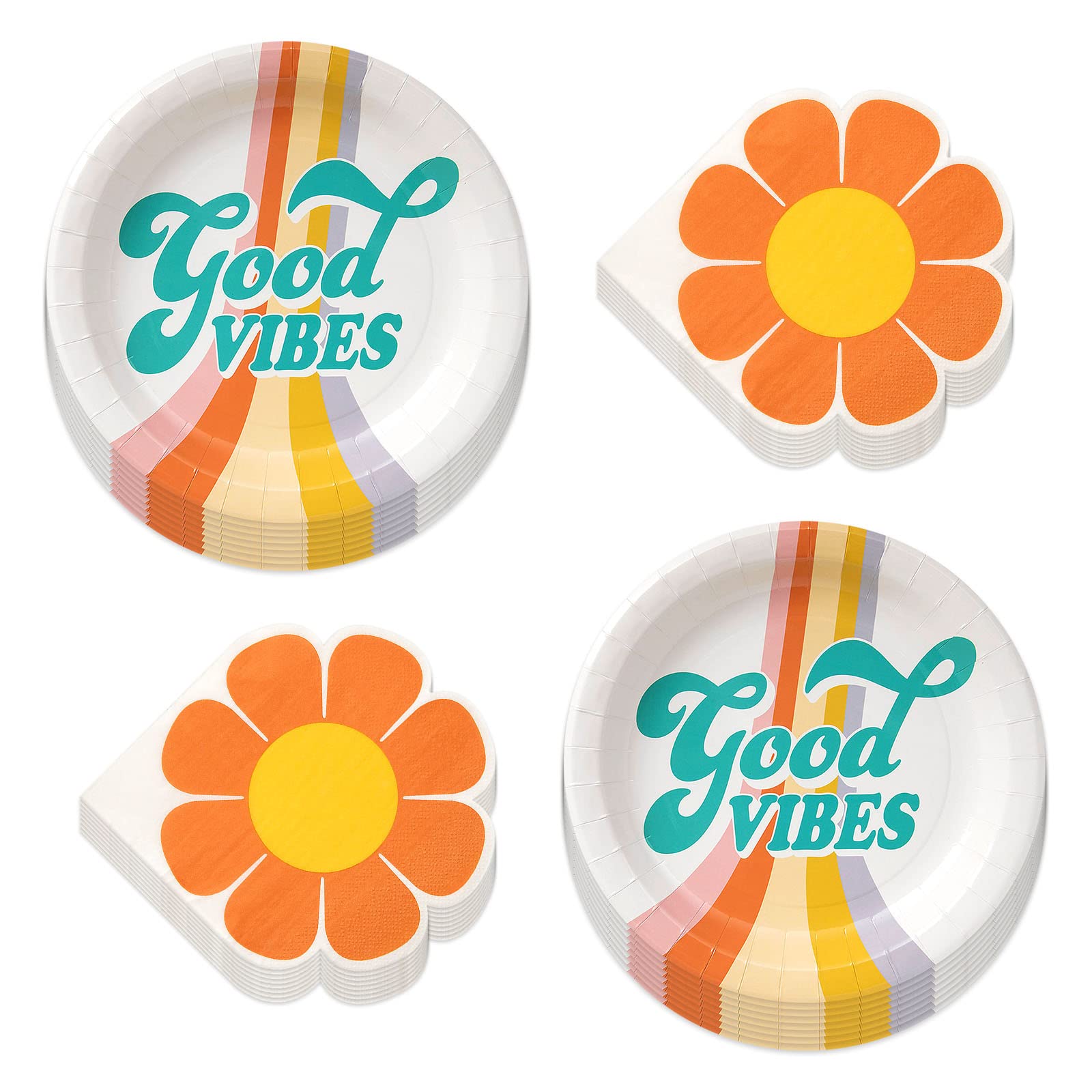 Groovy 70's Party Vibes Paper Dinner Plates and Flower Power Lunch Napkins (Serves 16)