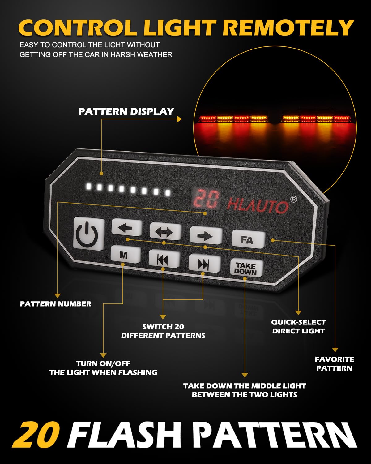 HLauto 604N - Luces estroboscópicas de emergencia con controlador, 5 x 42,7 cm, luz de seguridad roja ámbar con despegue, 48 LED intermitentes de seguridad, peligro, barra de luz interior para