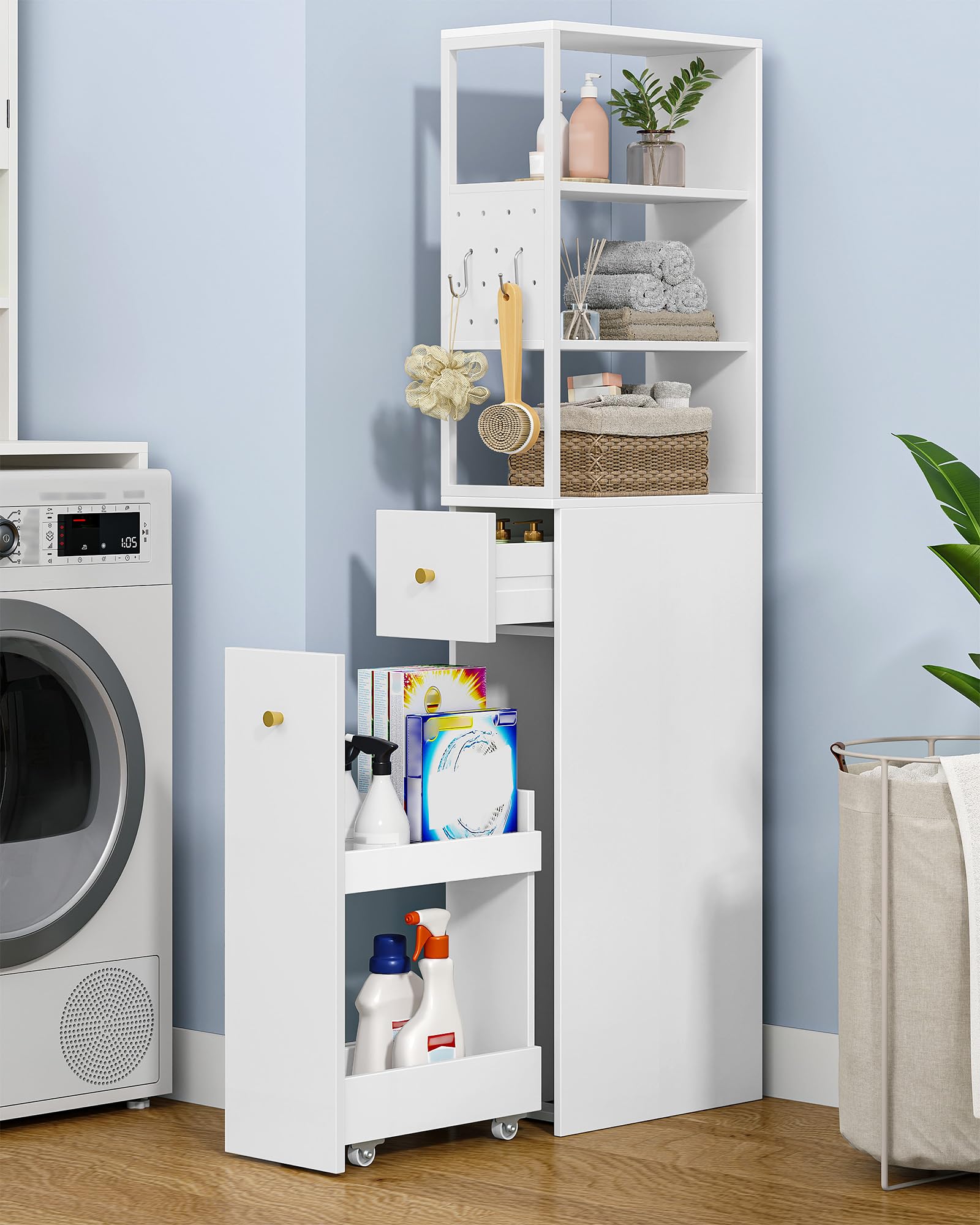 Hzuaneri Meuble de Salle de Bain Haut, Armoire de Rangement Fin, avec 2 Compartiments Ouverts, 2 Tiroirs et roulettes, Meuble de Cuisine, pour Petits Espaces, 40 x 20 x 140 cm Blanc BC32003W