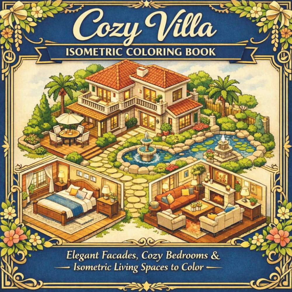 Cozy villa isometric coloring book: Architectural Coloring Book for Adults: Villas, Interiors & Cozy Spaces