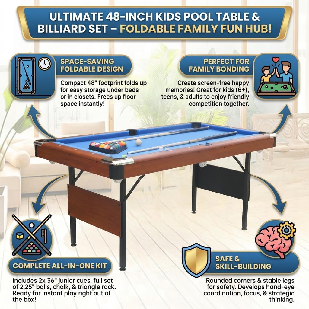 Kids Pool Table Pool Table with Billiard Set, Family Game Table for Pool Tables Indoor Fun, Compact 48-Inch Folding Design with Storage Rack, Includes Cue Sticks and Balls for Home