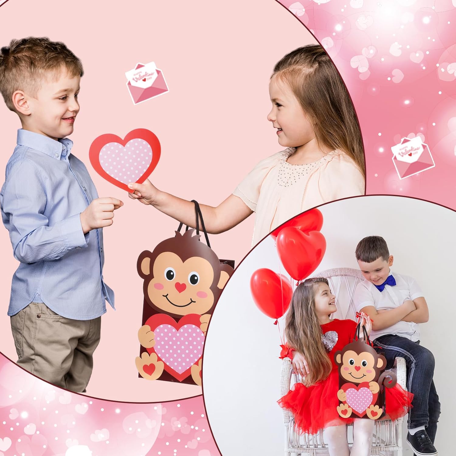Resholder 18 Pcs DIY Funny Valentines Bags Crafts Kit for People Cute Candy Box with Handle Gift Paper Bag DIY Valentine Crafts for Exchange Party Favors Gift Wrapping Activities Bulk(Brown,Monkey)
