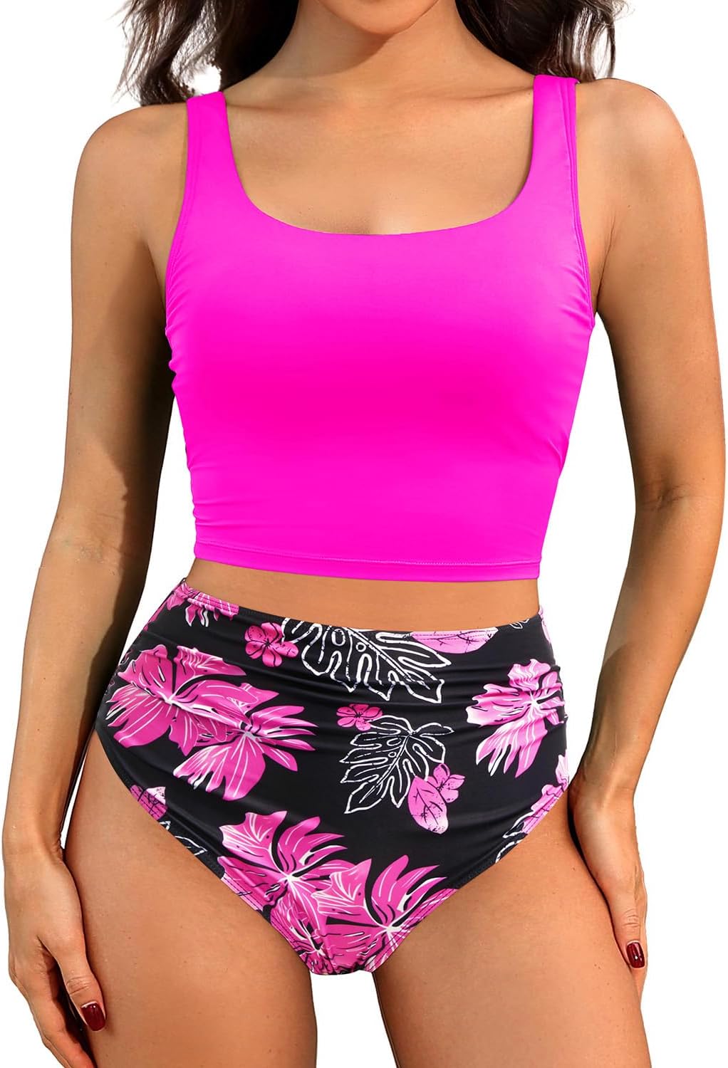 Women Two Piece Tankini Swimsuits - Crop Swim Top with High Waisted Bottom Tummy Control Bathing Suits Swimwear