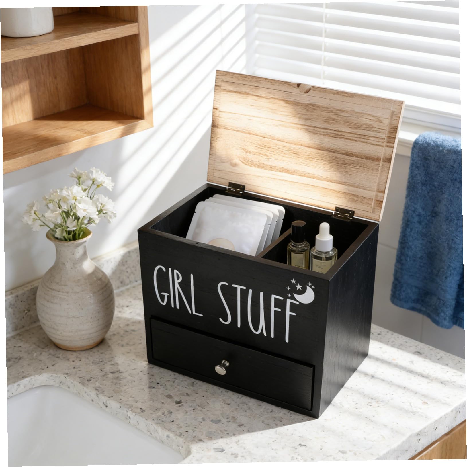 PACKOVE Contenitore per Assorbenti in Legno con Coperchio Scatola Portaoggetti per Prodotti Igienici Organizer per Ciclo Mestruale per Bagno Piccolo Contenitore per Accessori per Bagno