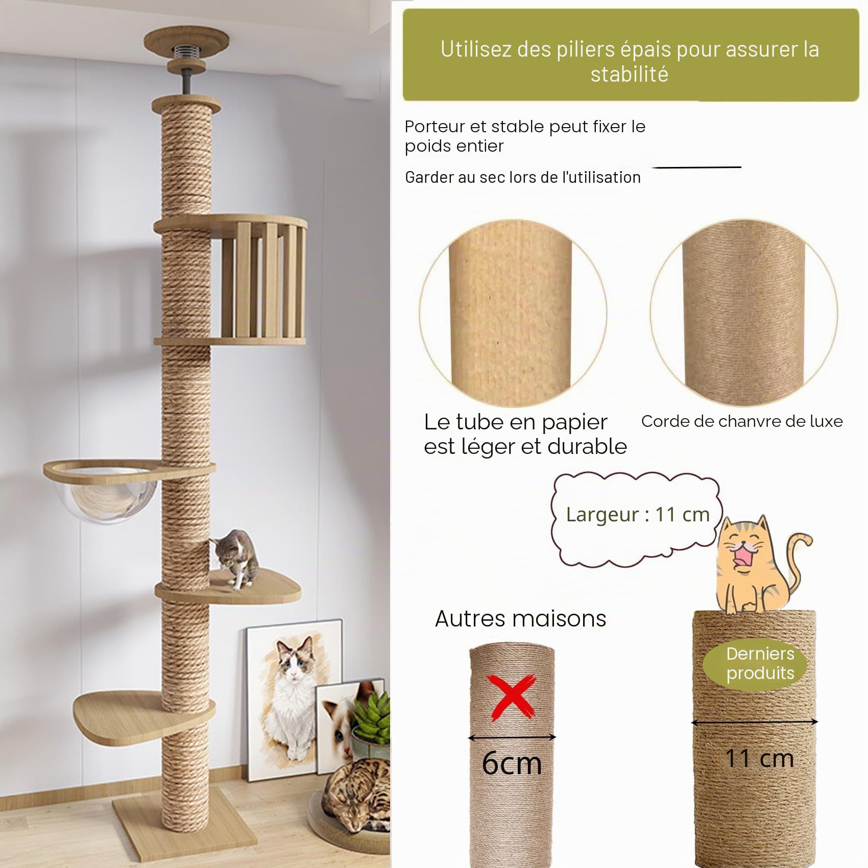 Mdpetpops Arbre à Chat du Sol au Plafond, Hauteur réglable, Grand Arbre à Chat avec griffoir de 11 cm, entièrement enveloppé avec Corde en sisal (240~250 cm, 265-275 cm T02)