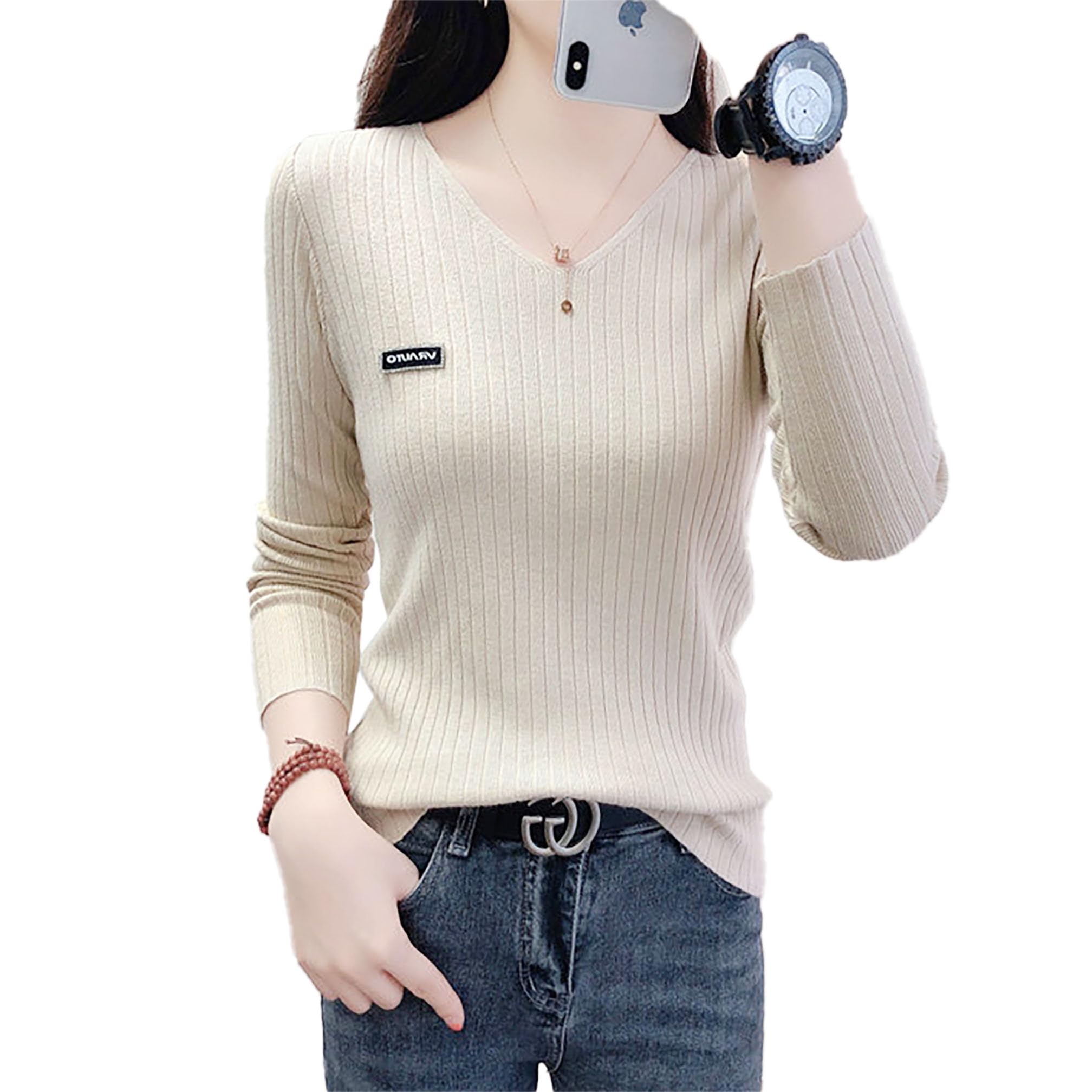 icw Women Knitted Ribbed V-Neck Long-Sleeves Pull Over Sweater Top T-Shirt Dn75 (One Size Fit XS-S-M)-picture-54