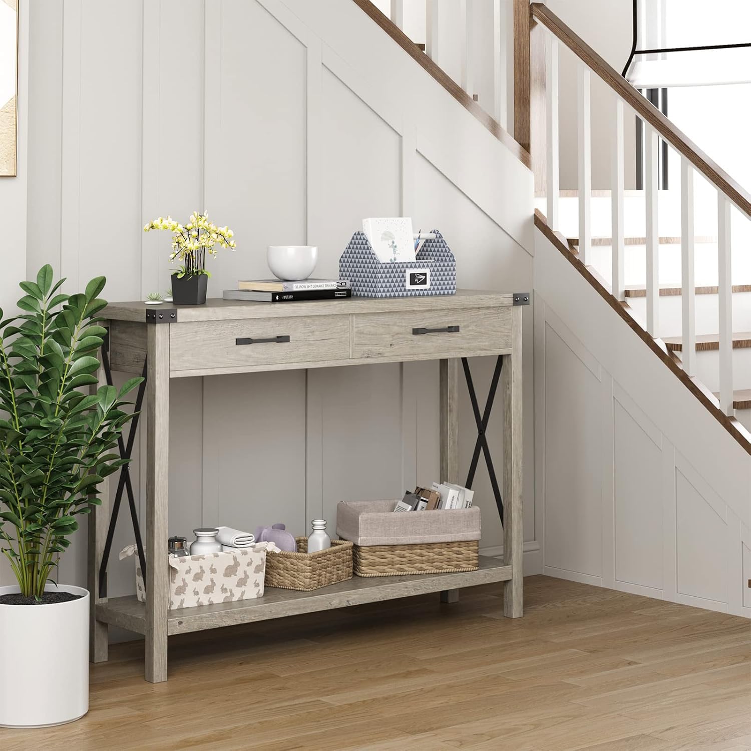 Mesa Consola Recibidor, Mueble de Entrada Estrecha con 2 Cajones,4 Cantoneras de Metal, Diseño único en Forma de X,109 x 30.5X 76 cm, Consola para la Entrada, el Salón, el Pasillo (Gris)