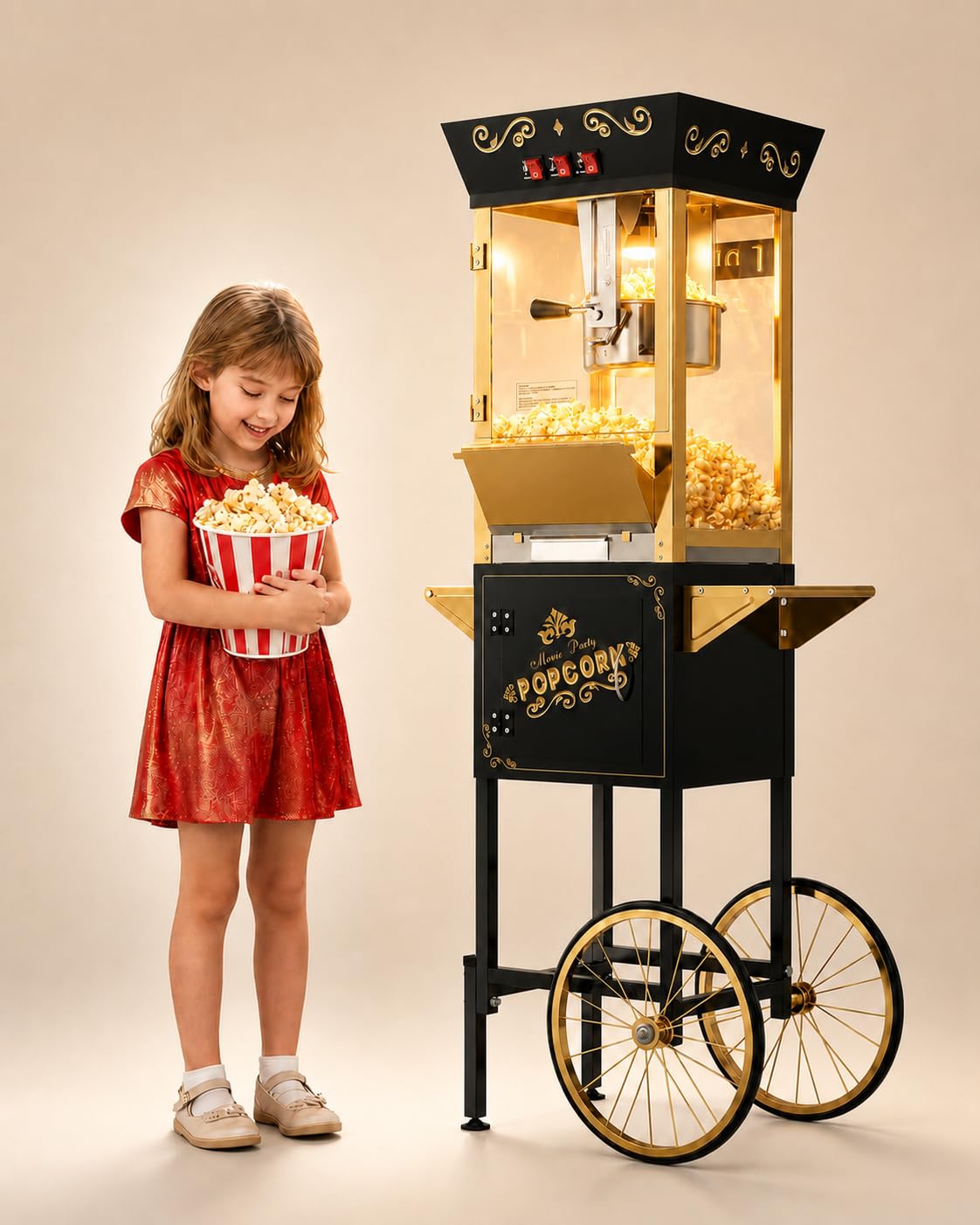 Carrito de máquina de palomitas de maíz mejorado 2025 de 12 onzas, máquina para hacer palomitas de maíz con hervidor de acero inoxidable que hace hasta 48 tazas, máquina de maíz pop de cine con