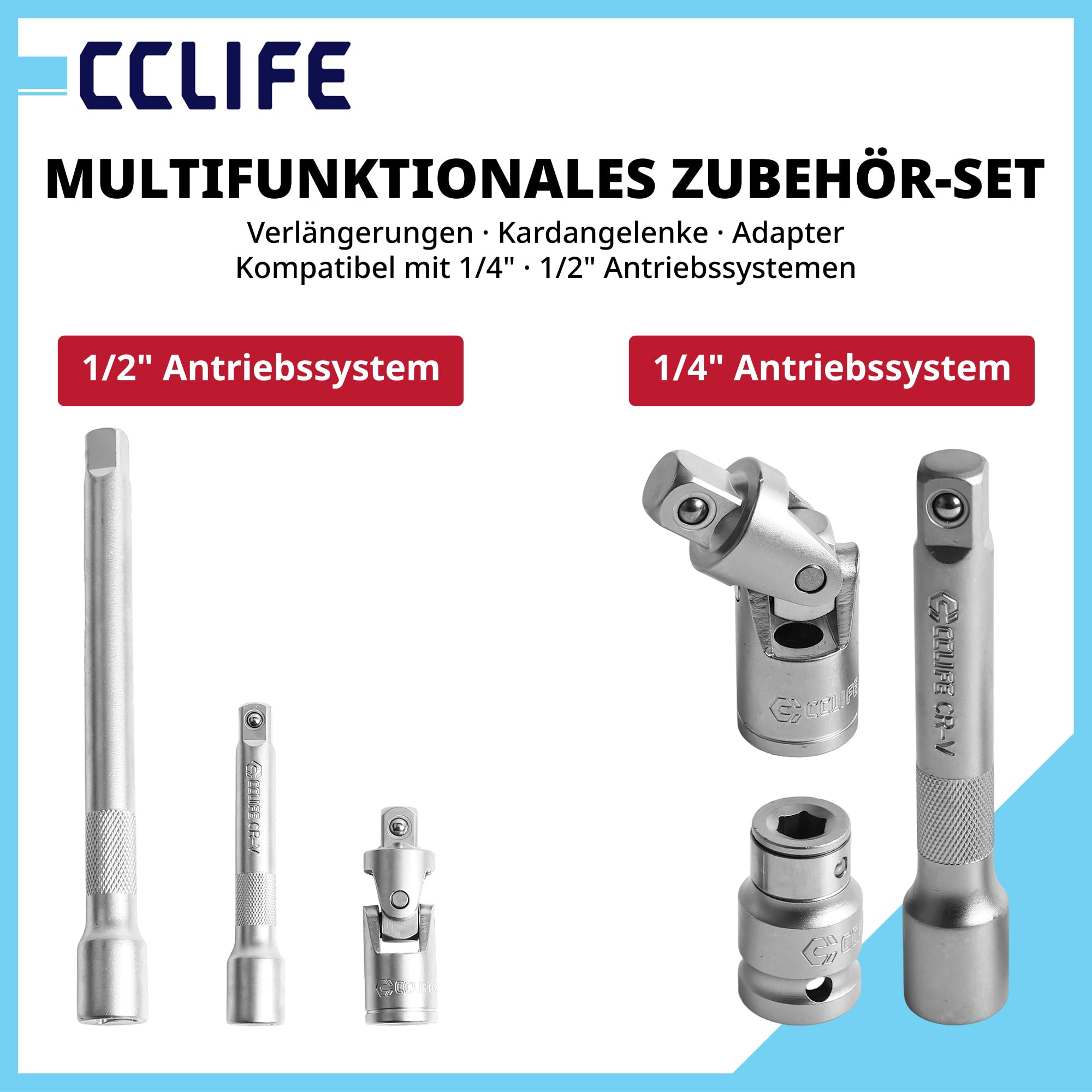 CCLIFE Set di chiavi a bussola da 110 pezzi, 1/4" e 1/2" con bussole, punte ed estensioni per casa e auto in robusta valigetta degli attrezzi