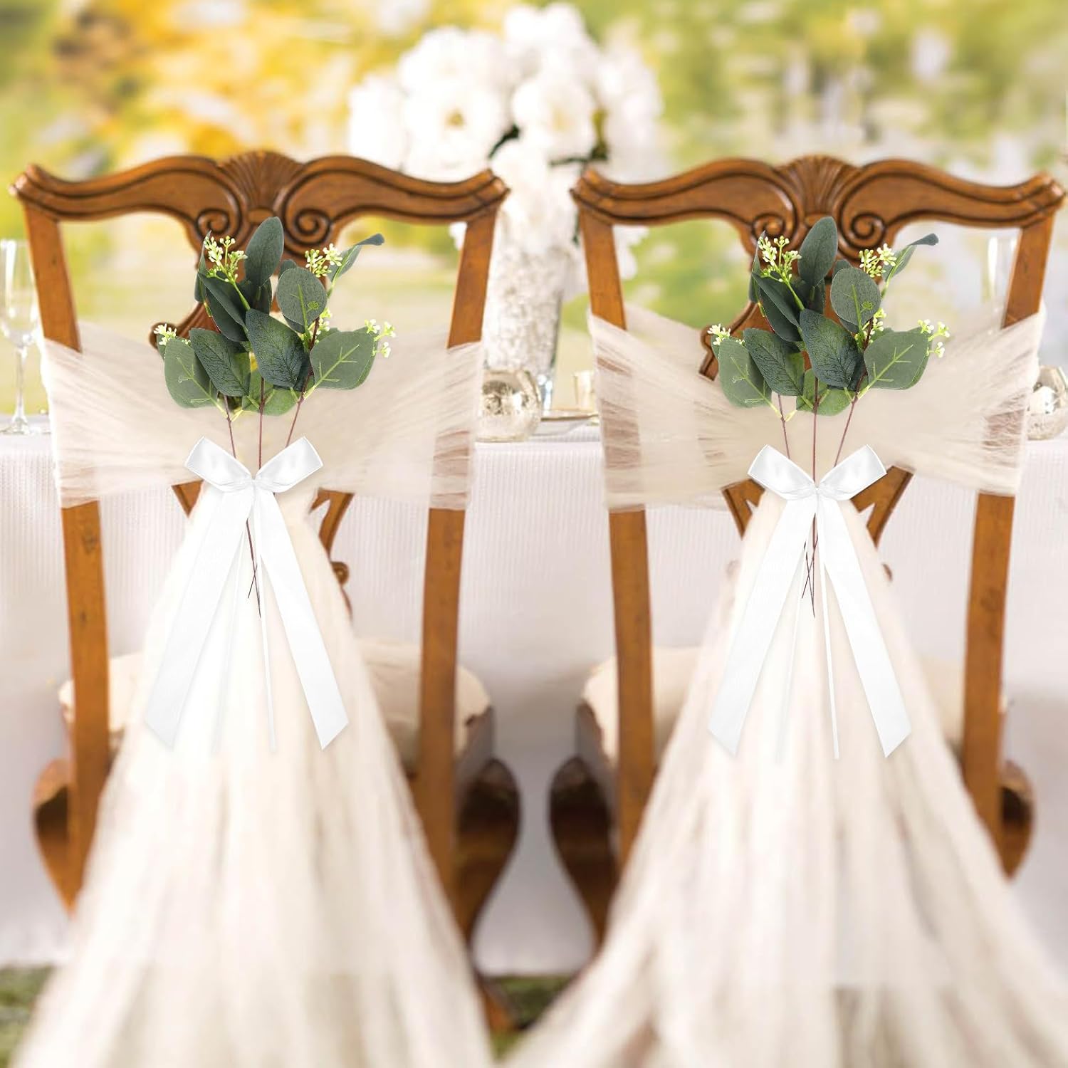 24 Sets Wedding Aisle Decorations for Ceremony Set Wedding Chair Decorations White Ribbon Bows Artificial Eucalyptus Stem Chair Sashes for Weddings Party Bench Church Pew Aisle Decor (Elegant White)