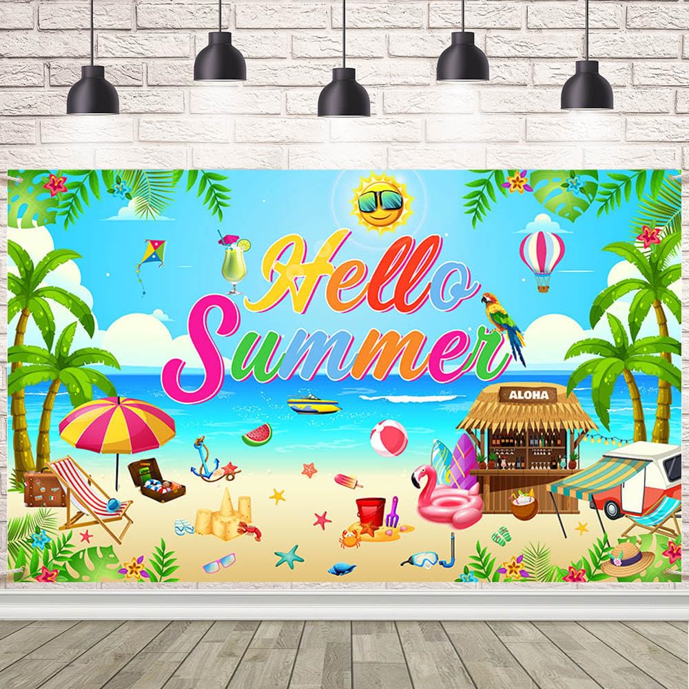 AIBIIN Hello Summer Banner Summer Party Decorations Hawaiian Beach Banner for Party Decorations Supplies Party Indoor Outdoor Decorations 70.8 x 43.3