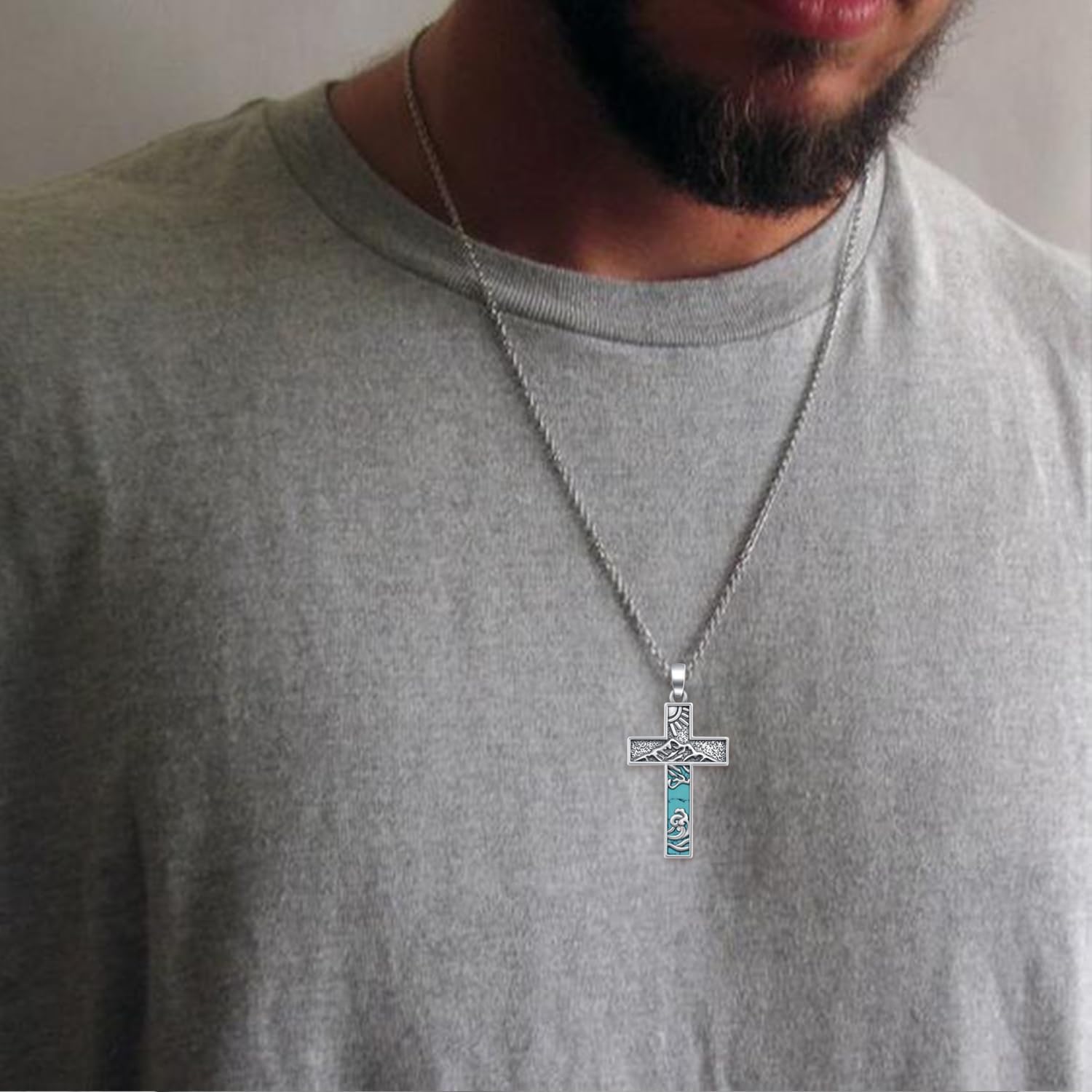Turquoise Necklace 925 Sterling Silver Western Cross Pendant Necklaces Vintage Turquoise Jewelry for Men Native American Jewelry Gifts - Image 4