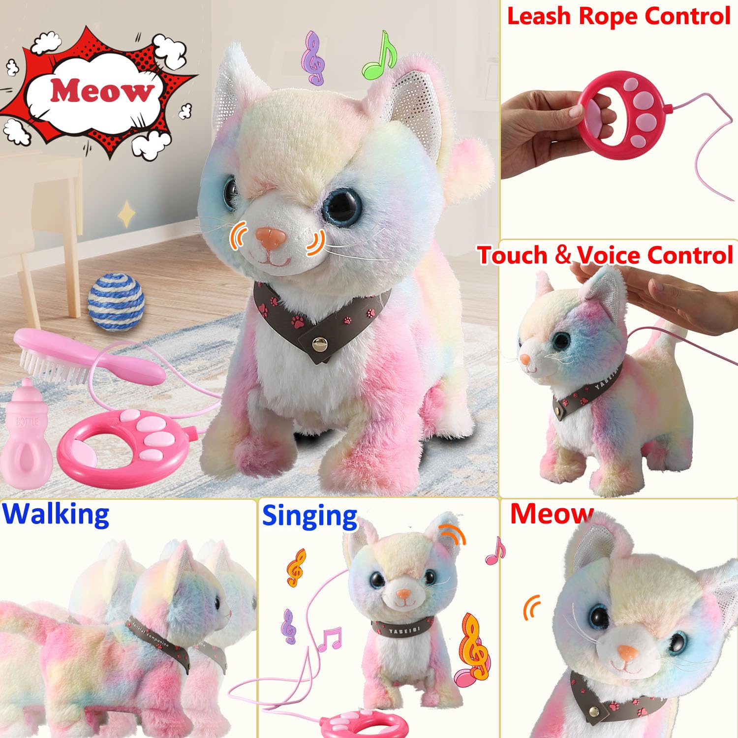 Colorful Leash Walking Cat Set Singing That Purrs and Meows Animated Plush Robot Kitten Moving Plush Realistic Stuffed Animal Remote Control Cute Kawai Robotic Kitty Toy for Girl