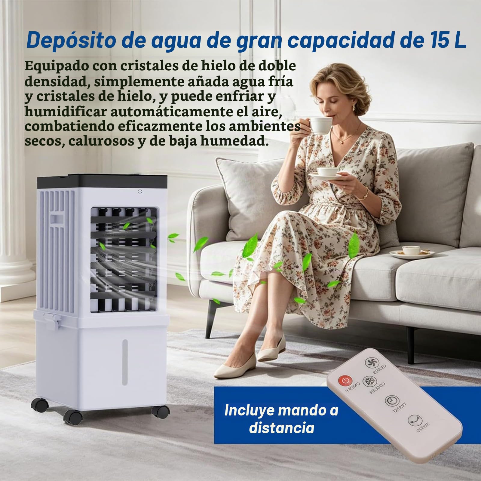 Aire Acondicionado Portátil Sin Tubo De Escape Ventilador Y Humidificador 3 En 1 Capacidad 15 L 3 Velocidades 3 Modos Temporizador 7,5 H Control Remoto Súper Ahorro de Energía A