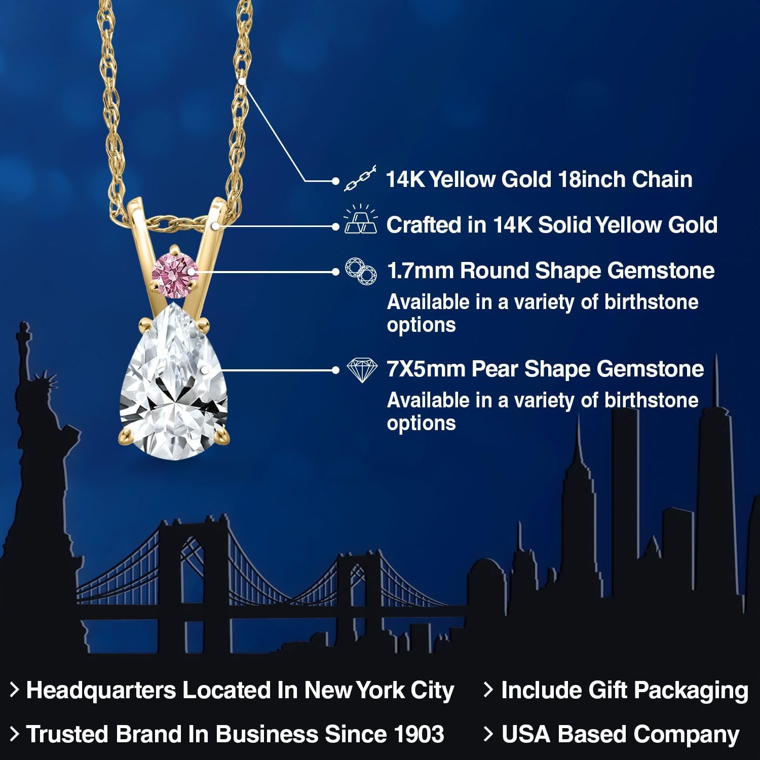 Gem Stone King 14K Yellow Gold White Created Sapphire and Pink Lab Grown Diamond Pendant Necklace for Women | 1.02 Cttw | Gemstone September Birthstone | Pear Shape 7X5MM | With 18 Inch Chain - Image 2