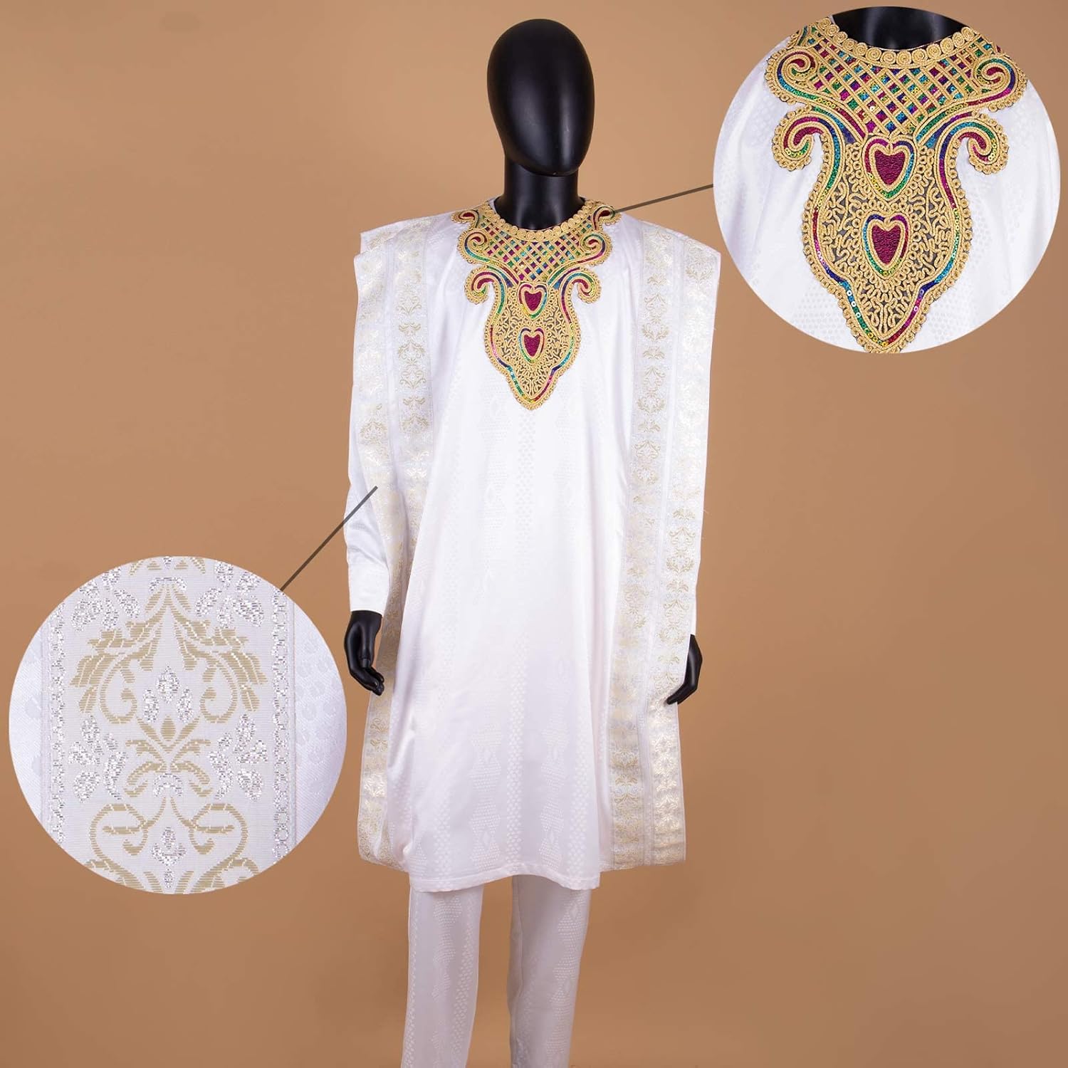 African Men`s Clothing Dashiki Embroidery Agbada Robes Shirts and Pants 3 Piece Set for Wedding Evening