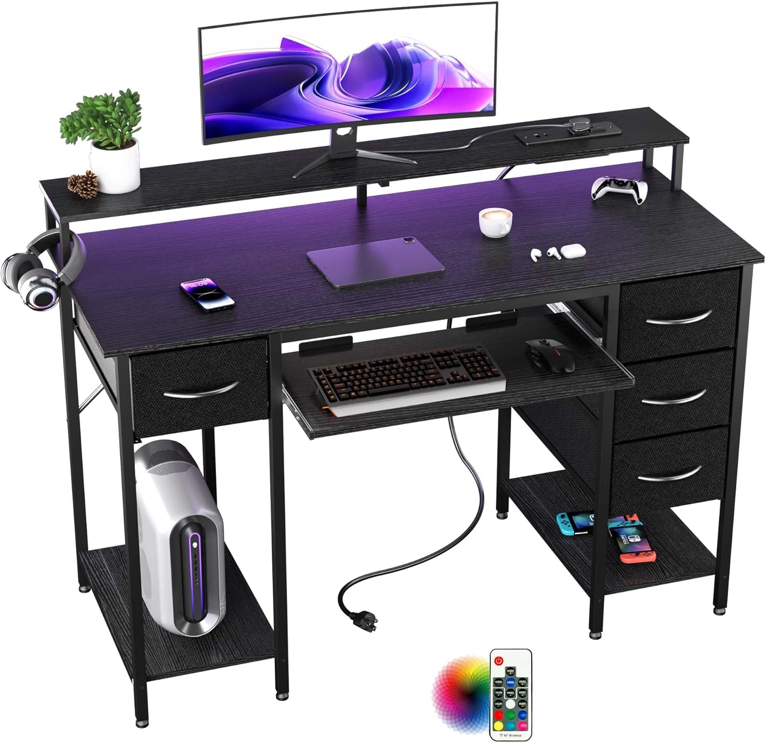 SUPERJARE L Shaped Desk With Power Outlets & LED Lights, Reversible
