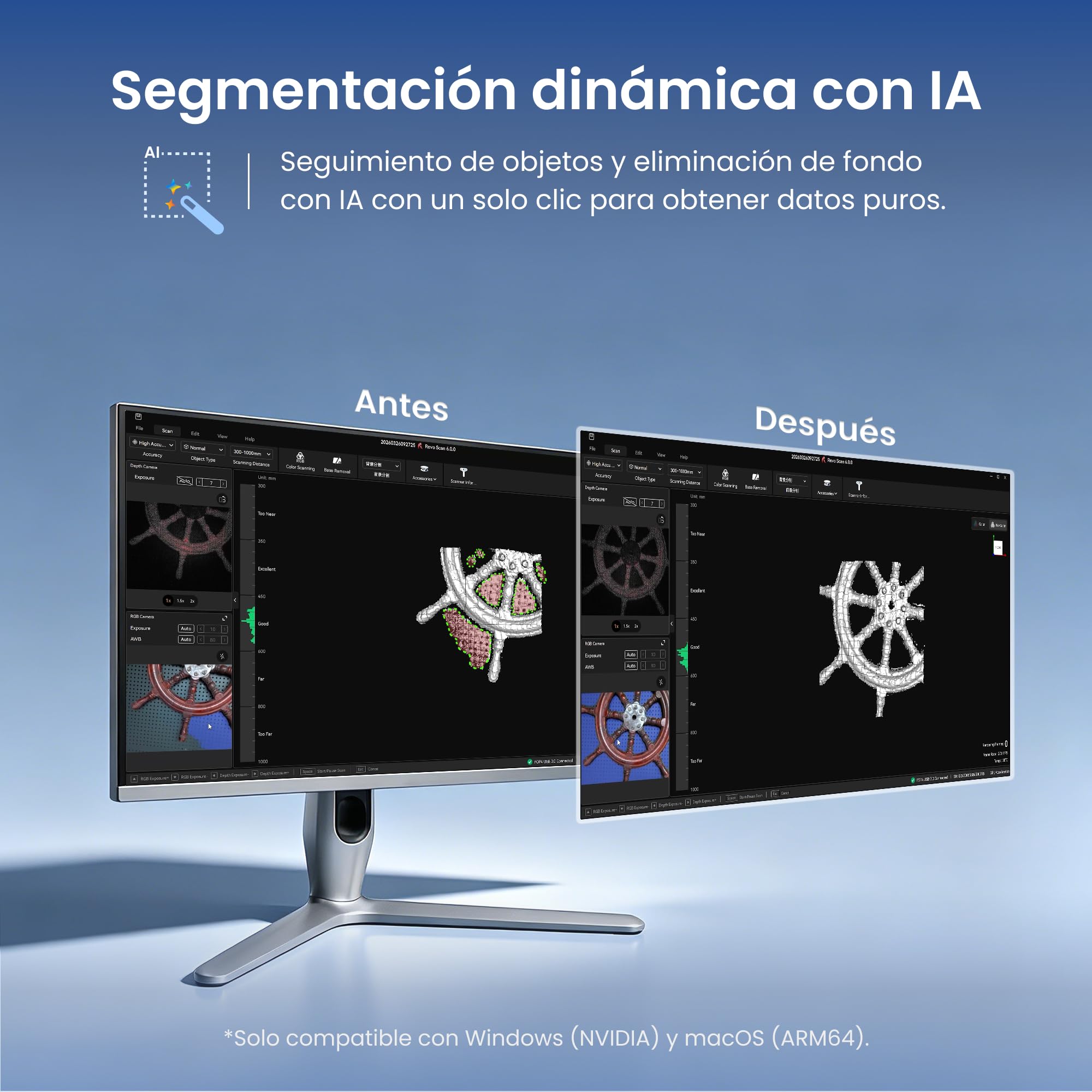 Revopoint Pop 4 Escáner 3D, láser Azul con precisión de 0,03 mm, Estándar | Hasta 105 fps, segmentación por IA y modelado 3DGS, 5 modos de escaneo, Seguimiento antivibración, escaneo en exteriores