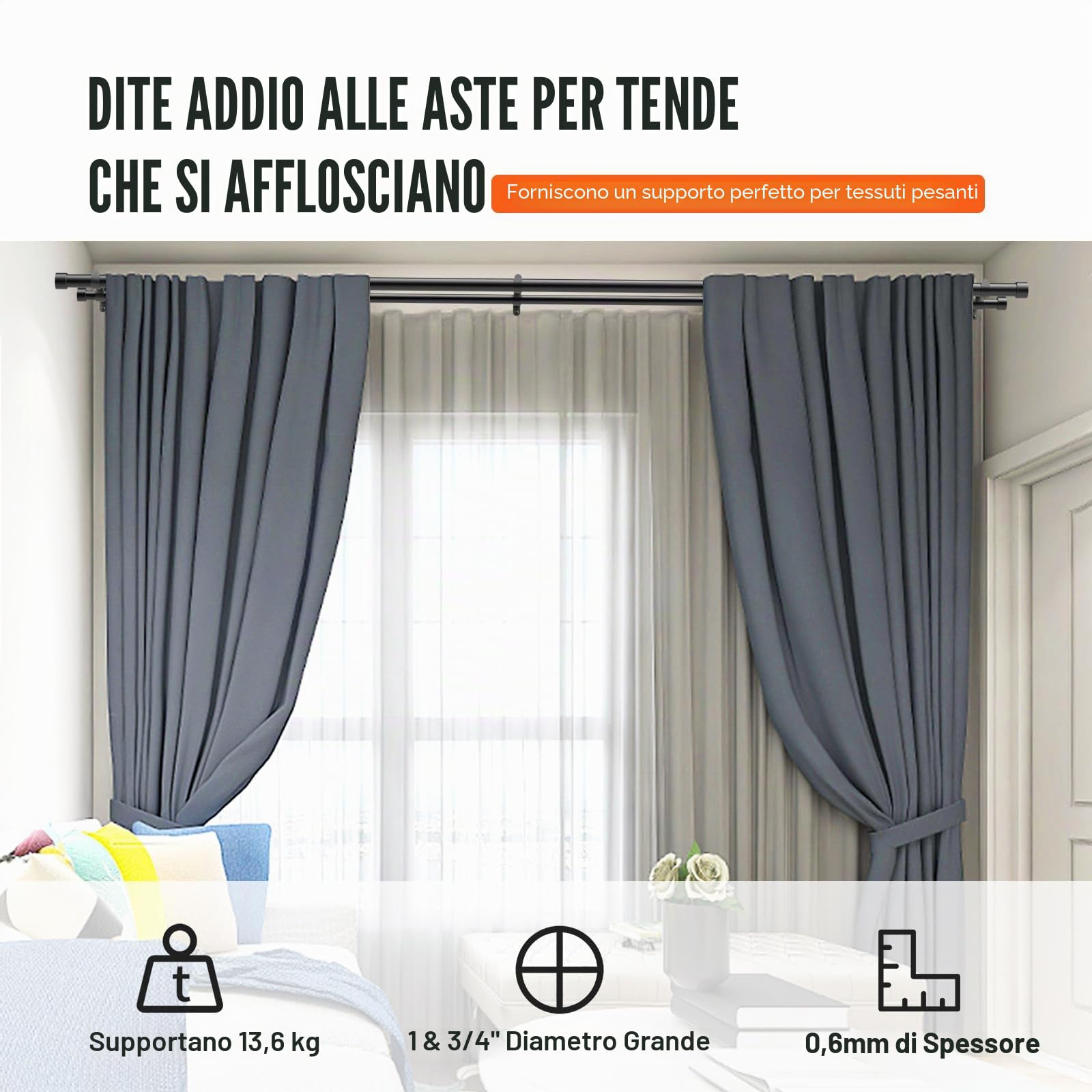 VEVOR Bastone per Tende Doppio Bastone per Tende Estensibile 92-183 cm Carico max. 13,6 kg ca., Asta per Tende da Interno Lunghezza Regolabile per Soggiorno Bagno Camera da Letto, Palo Doppio Tende