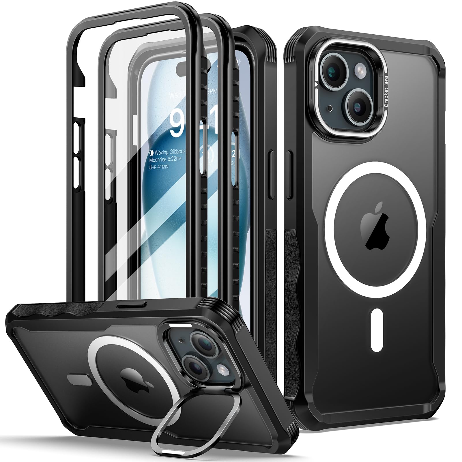 seacosmo für iPhone 15 hülle vorne und hinten Kompatibel mit MagSafe,iPhone 15 Ständer hülle (mit eingebautem 9H Hartglas Displayschutz + ohne Displayschutz),Fullbody sturzsicher vollhülle - Schwarz