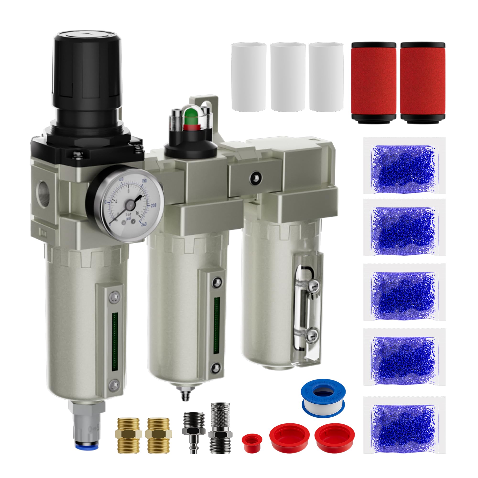 Sistema di filtro per compressore d'aria NPT da 1/2", separatore d'acqua industriale ad aria compressa a 3 fasi con drenaggio automatico, filtro coalescente, essiccatore d'aria e regolatore di