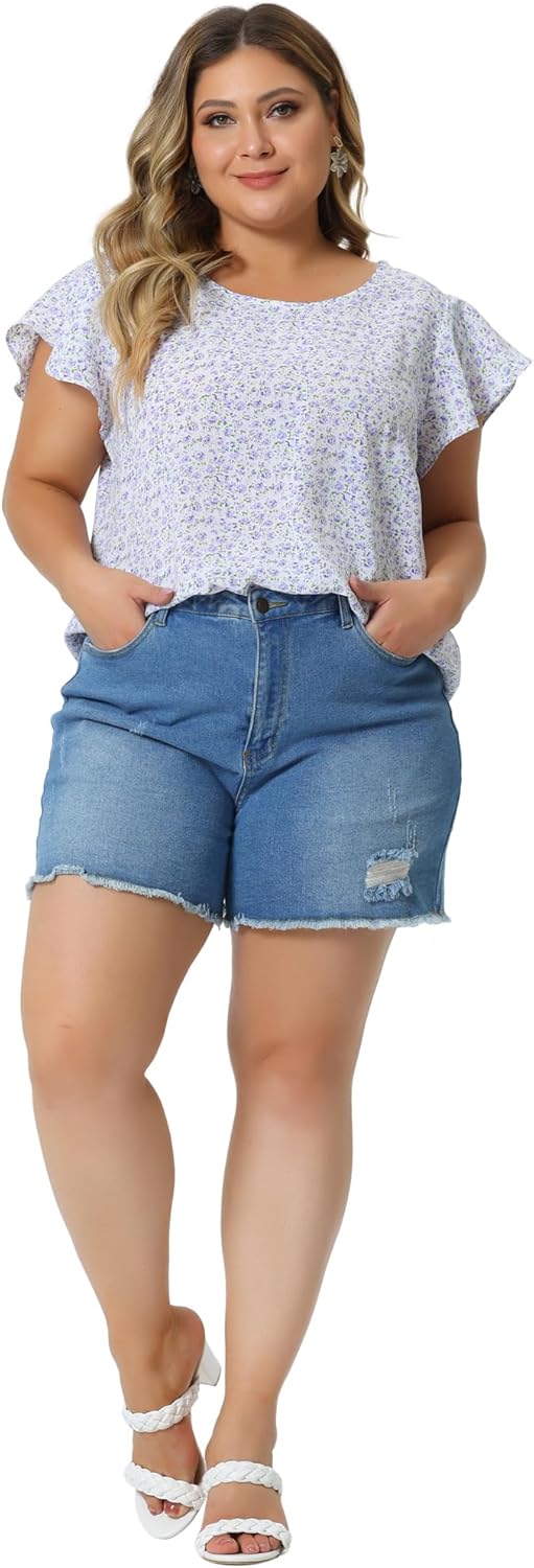 Agnes Orinda Plus Size Women's Summer Tops Floral Round Neck Short Sleeves Ruffle Casual Blouses - Image 3