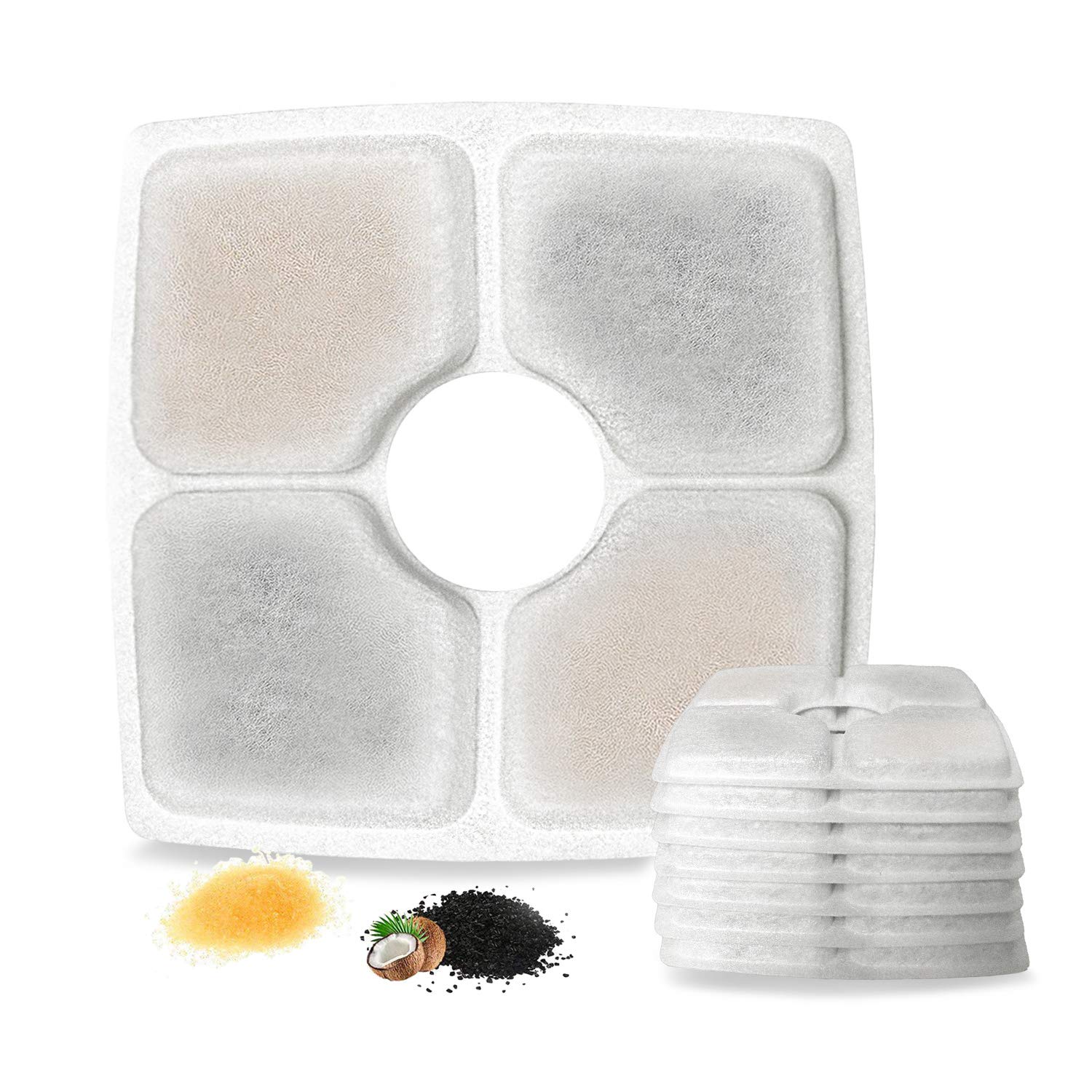 Filtros Cuadrados para Fuente de Gato, Paquete de 8 filtros para Fuente de Gato, Apto para Fuentes de Flores de 2,5 l, Resina de Intercambio de Iones y carbón Activado