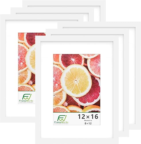 FrameWorks Marcos de fotos clásicos de madera de 12 x 16 a 8 x 12 pulgadas con vidrio templado, color blanco, paquete de 6 2-Blanco,2-Negro,Roble