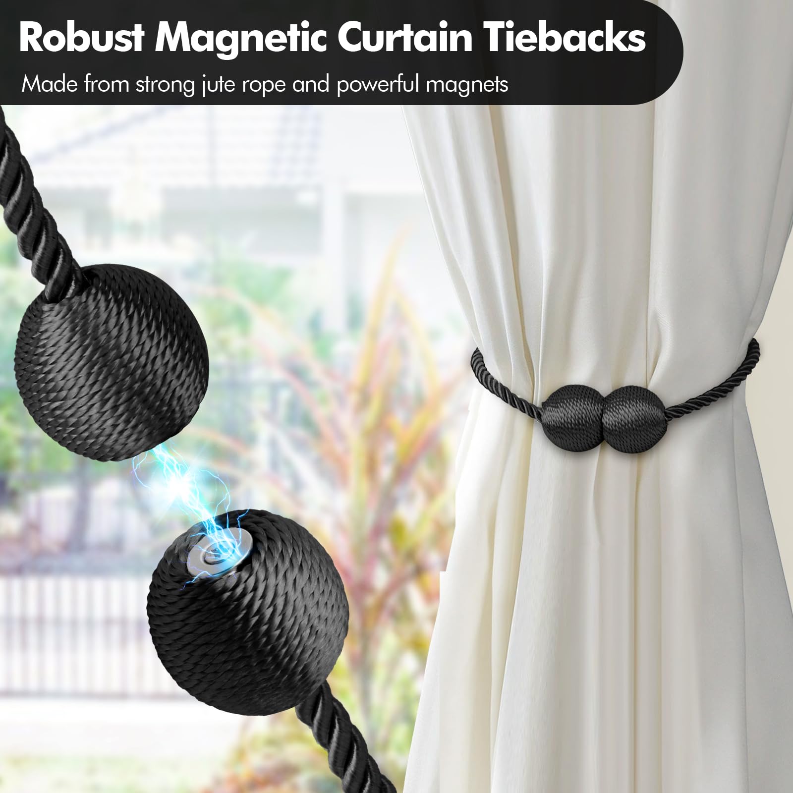 Lunhoo 2 Pack Magnetic Curtain Tiebacks, Curtain Holdbacks, Curtain Ties for Home Bedroom Office Decorative (Black) - Image 3