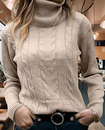 Cable Knit Sweater for Women Turtleneck Long Sleeve Fall Winter Business Warm Pullover Top Solid Color Casual Jumper