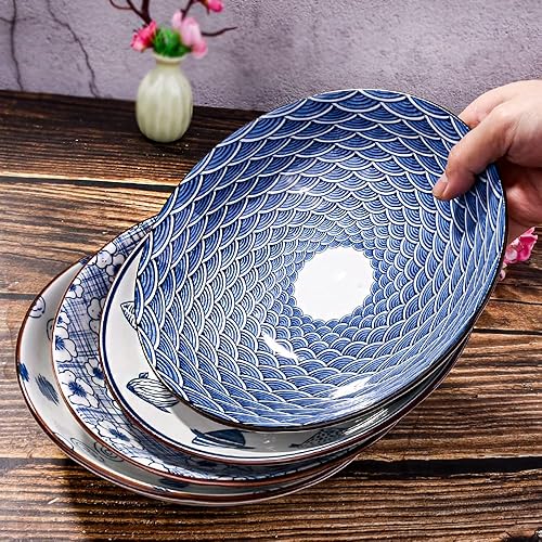 Miniatura 4 de LMRLCS Juego de platos llanos de cerámica, cuencos de pasta, platos azules y blancos, plato de postre, plato floral poco profundo, juego de 4 para