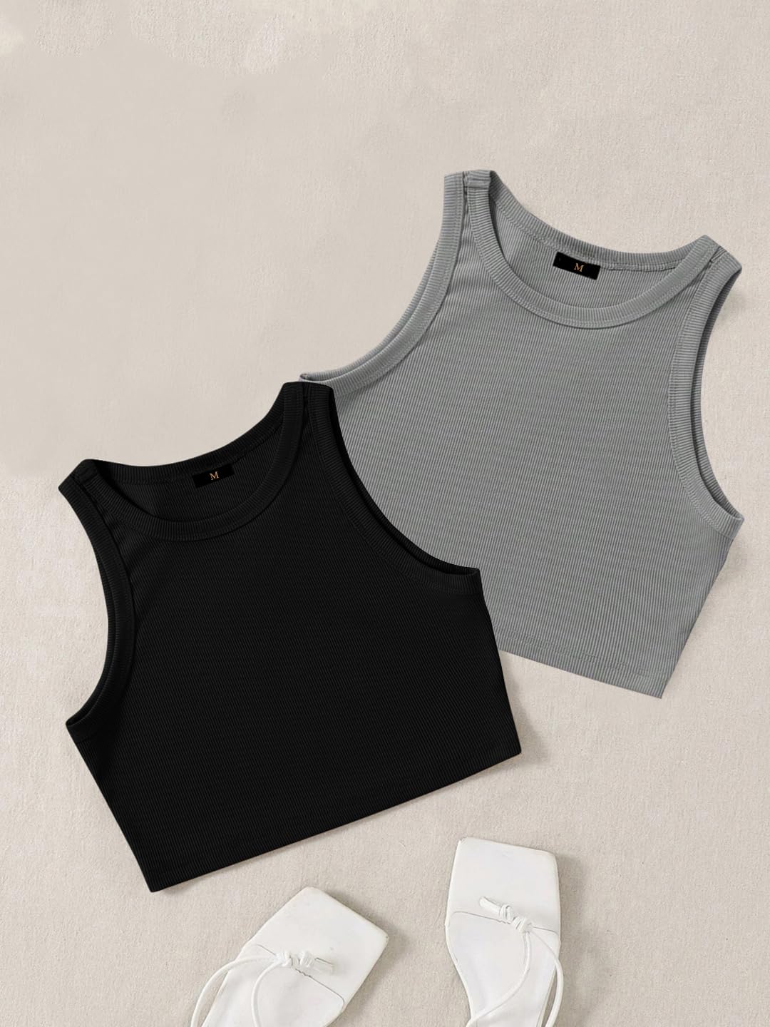Pack de 2 camisetas sin mangas acanaladas elegantes con cuello redondo para mujer y top corto occidental