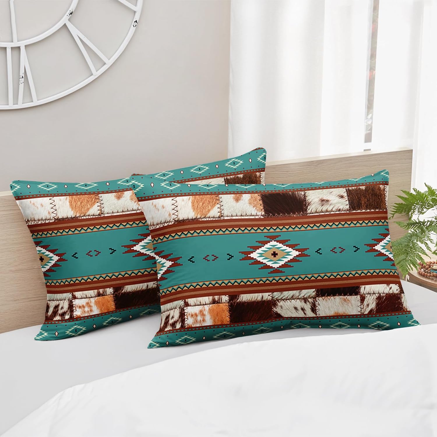 AILONEN White Brown Cow Hair Texture Comforter Set Twin Size, Geometric Ethnic Cowhide Pattern Bedding Set,Native American Tribal Cowhide Blue Theme Duvet Set 3 Pieces, 1 Quilt and 2 Pillowcase - Image 7