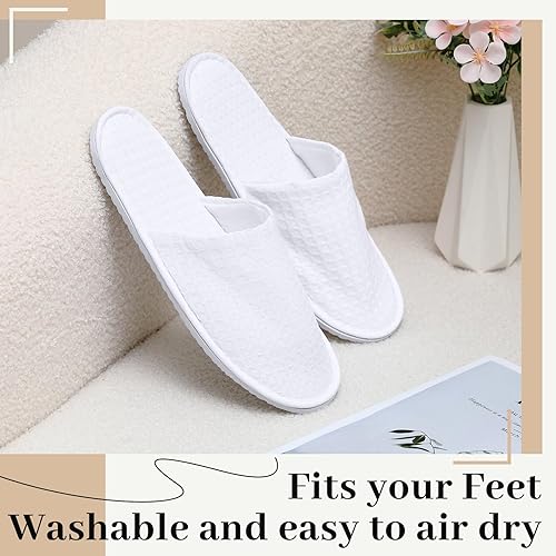 Miniatura 3 de 24 pares de pantuflas de punto gofre, desechables, blancas, antideslizantes, con punta cerrada, para hotel, casa, invitados, unisex, lavables,