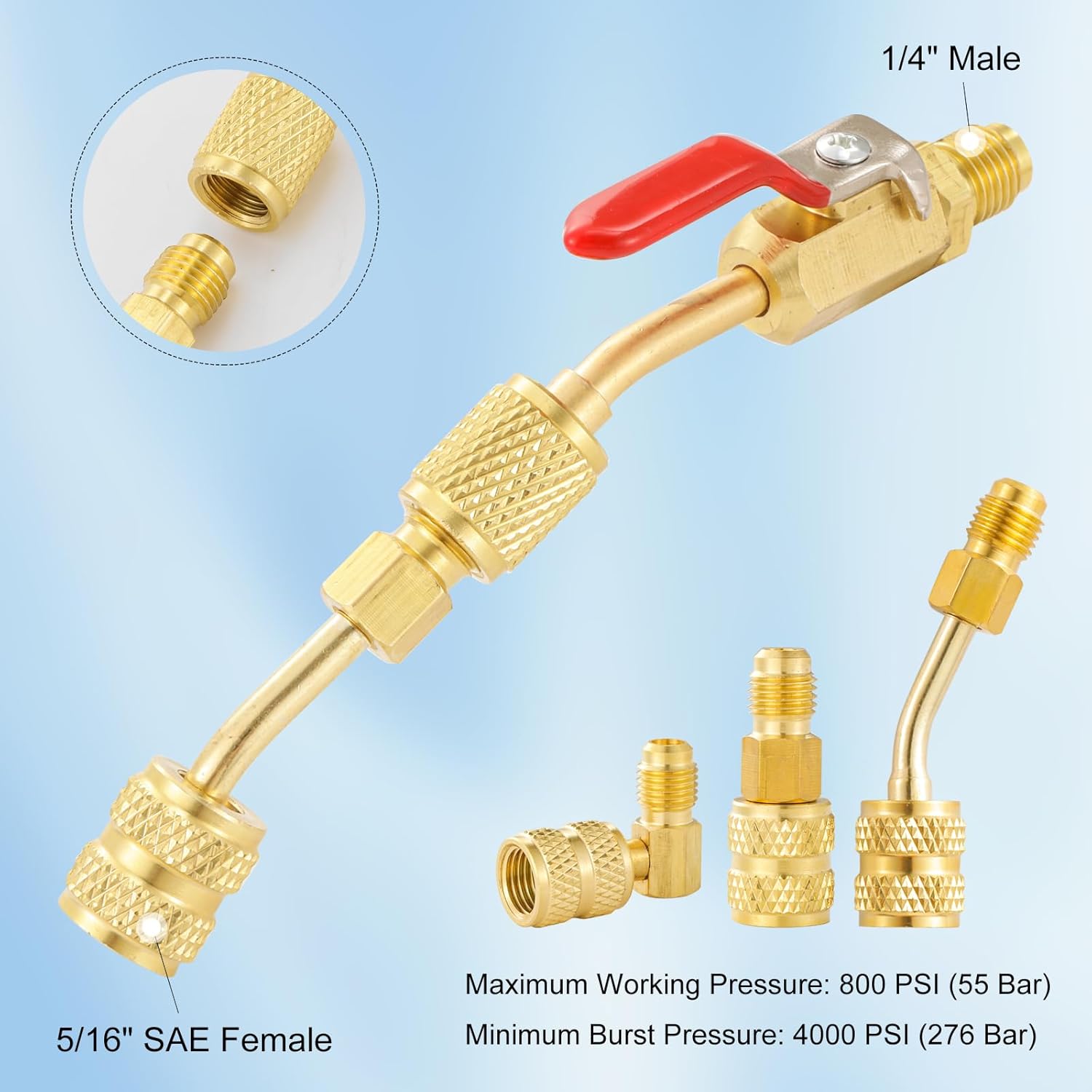 AC Refrigerant Angled Compact Ball Valve Set, 10pcs Air Conditioning Refrigerant Ball Valve 1/4 with R410A Mini Split Adapters 5/16" Female to 1/4" Male, Low Loss Fittings HVAC Tools