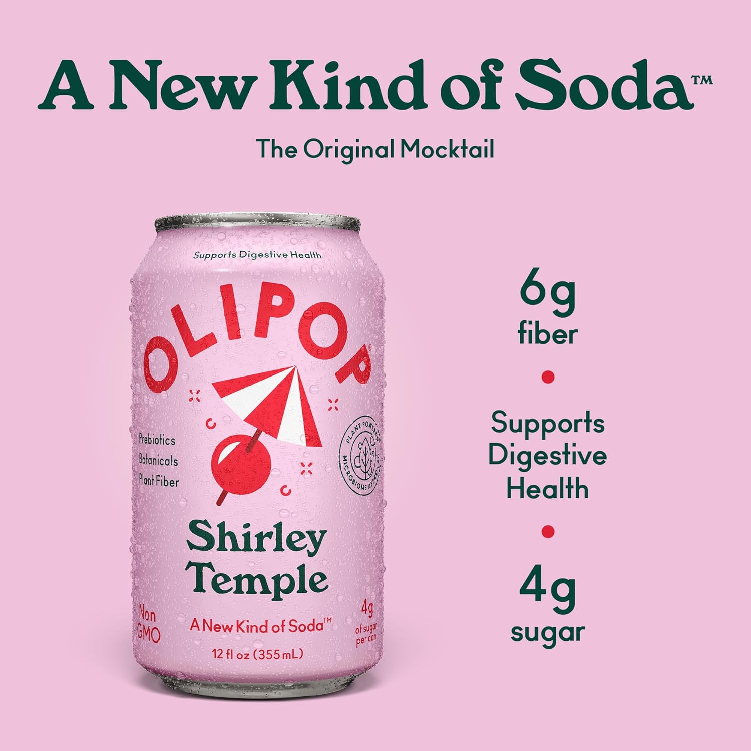OLIPOP Prebiotic Soda Pop, Shirley Temple, Pantry Pack Packed with Prebiotics, Fiber, and Botanicals, Gluten Free, GMO Free, 12oz (12-Cans)
