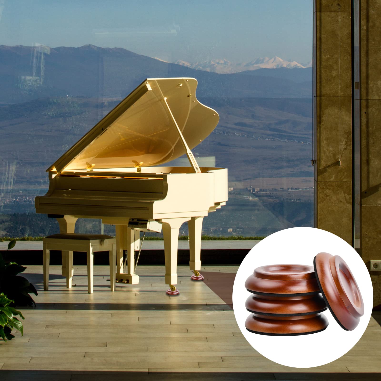 4 Pezzi Poggiapiedi per Pianoforte, Sottopiedi Per Pianoforte Verticale con Feltro Antiscivolo, Piedini Pianoforte in Legno, Marrone Piattini Ruote Pianoforte, Sottopiedi Per Pianoforte Protezione